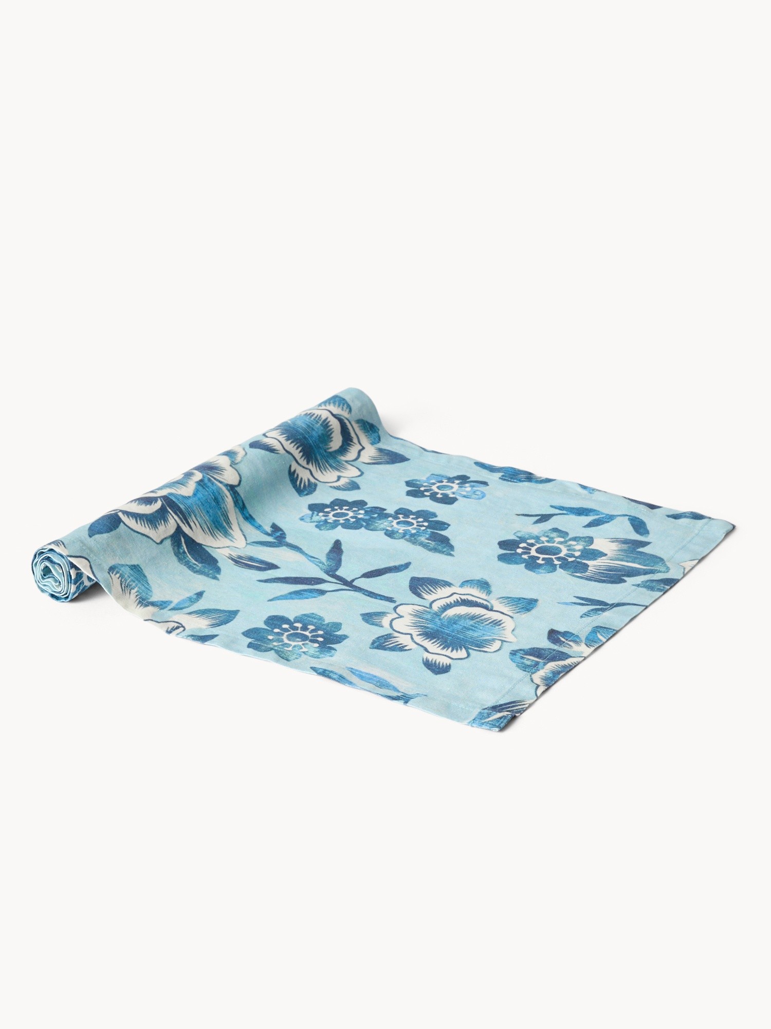 Runner in misto lino con stampa floreale, Azzurro, large image number 0