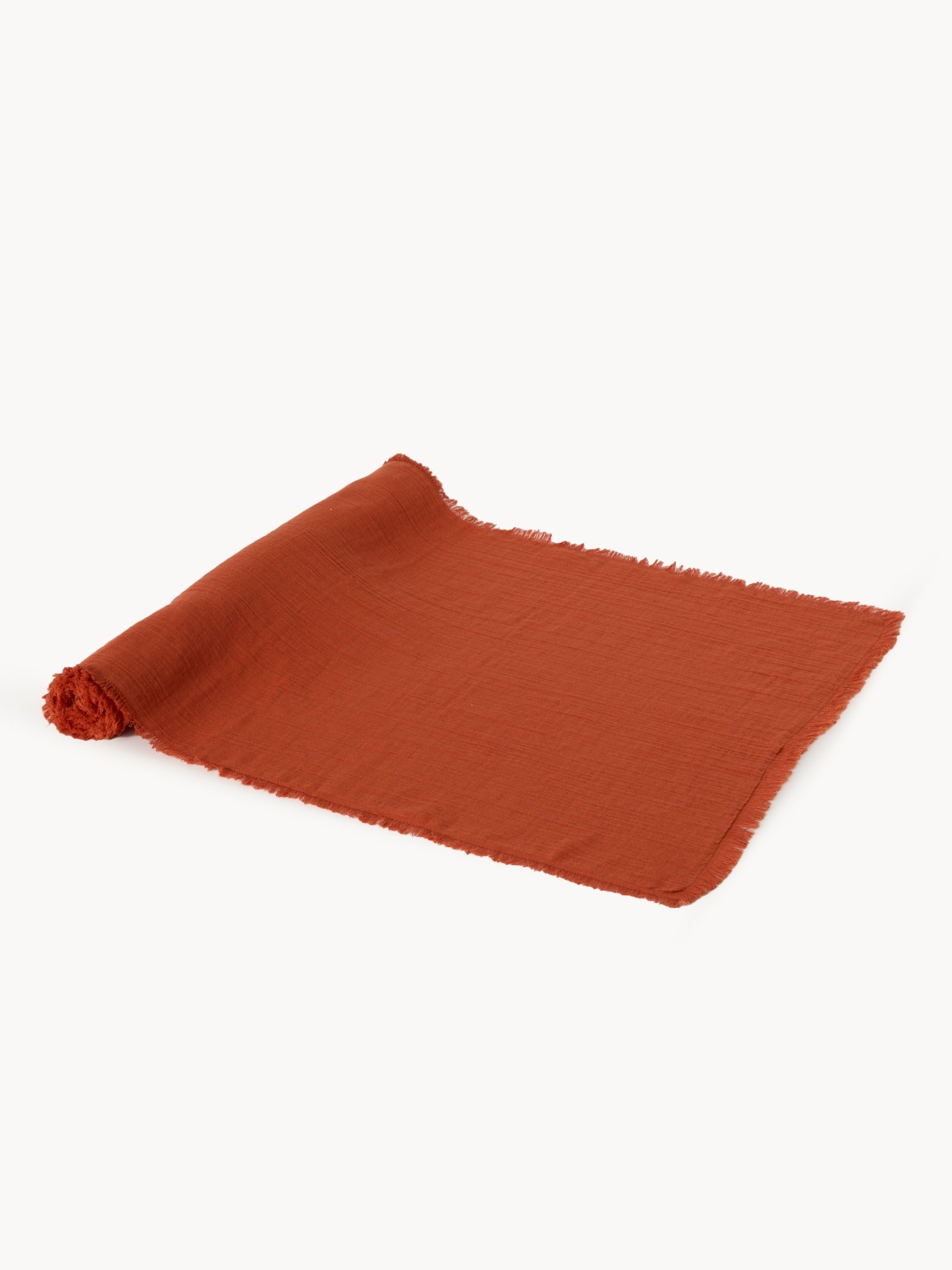 Cotton muslin table runner with fringe, Orange, large image number 0