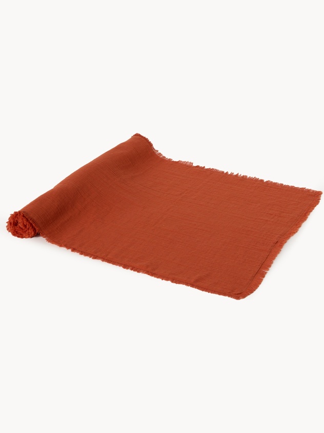 Cotton muslin table runner with fringe