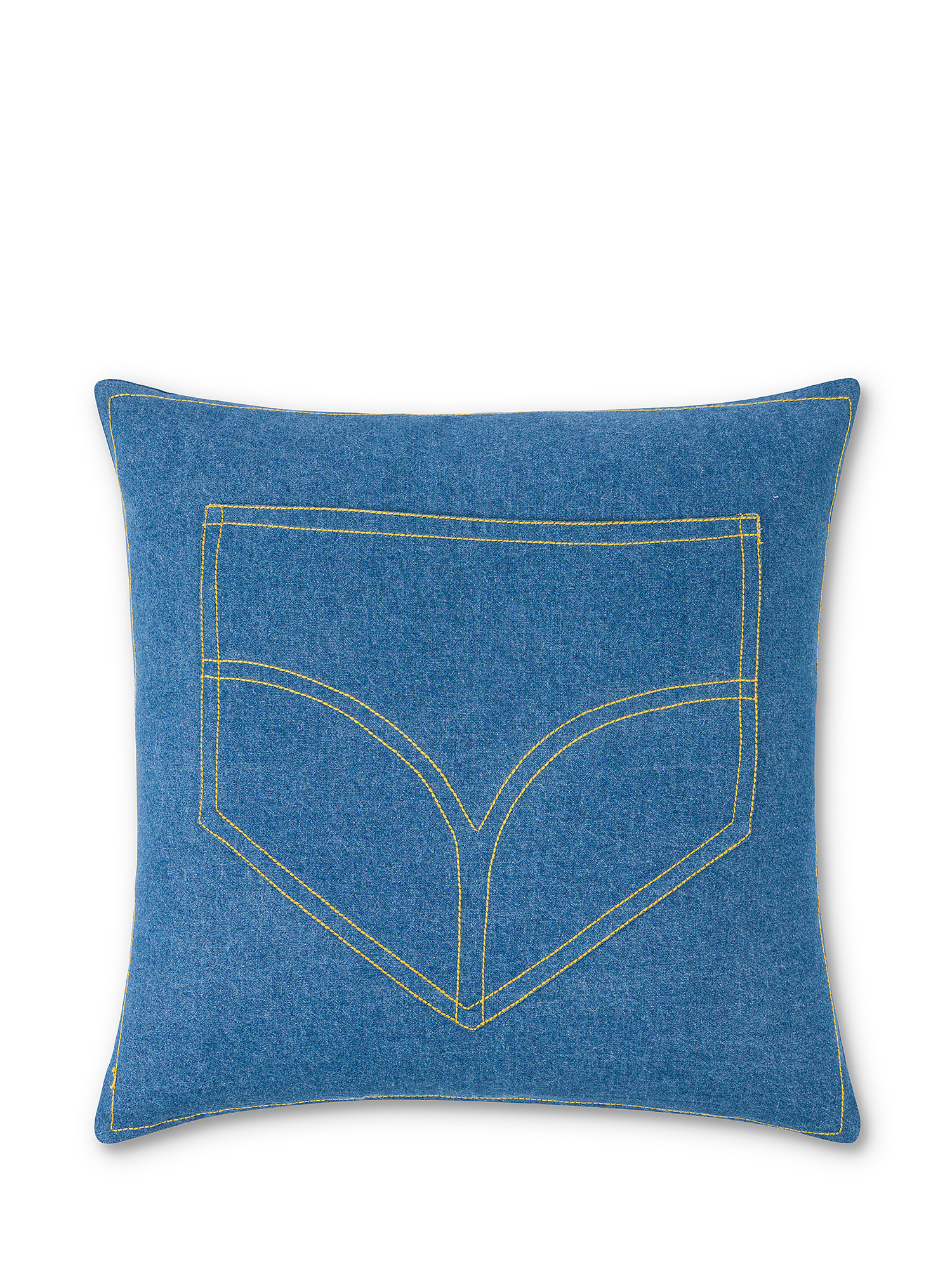 Cuscino cotone denim ricamo tasca 45x45cm, Azzurro, large image number 0