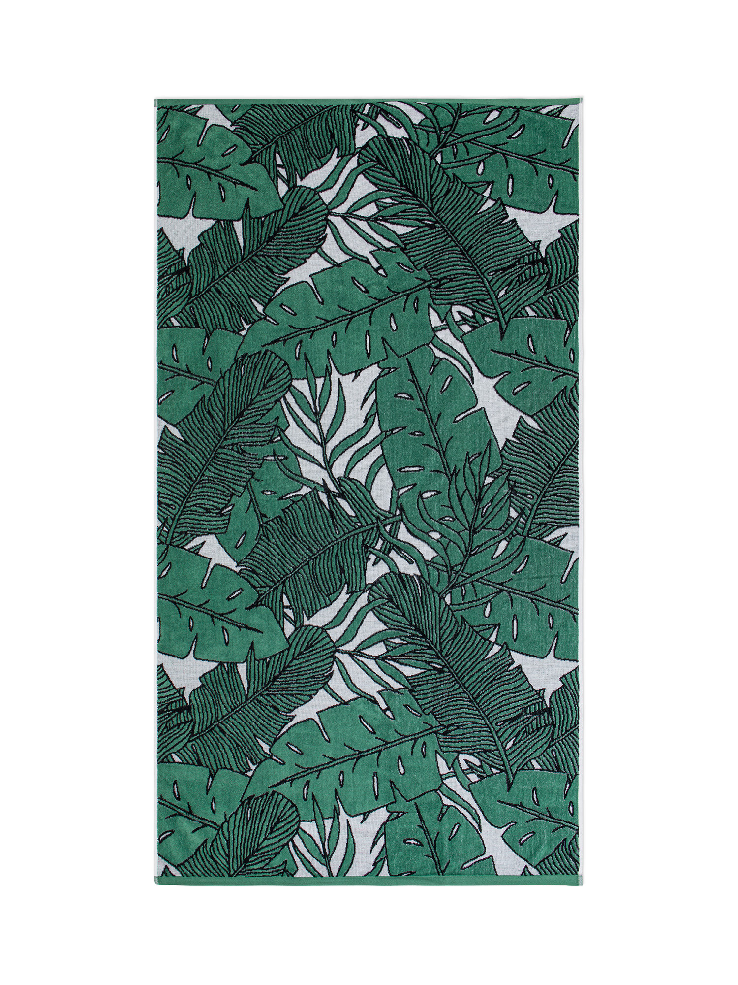 Beach towel in velor cotton terry with tropical leaves motif, Green, large image number 0