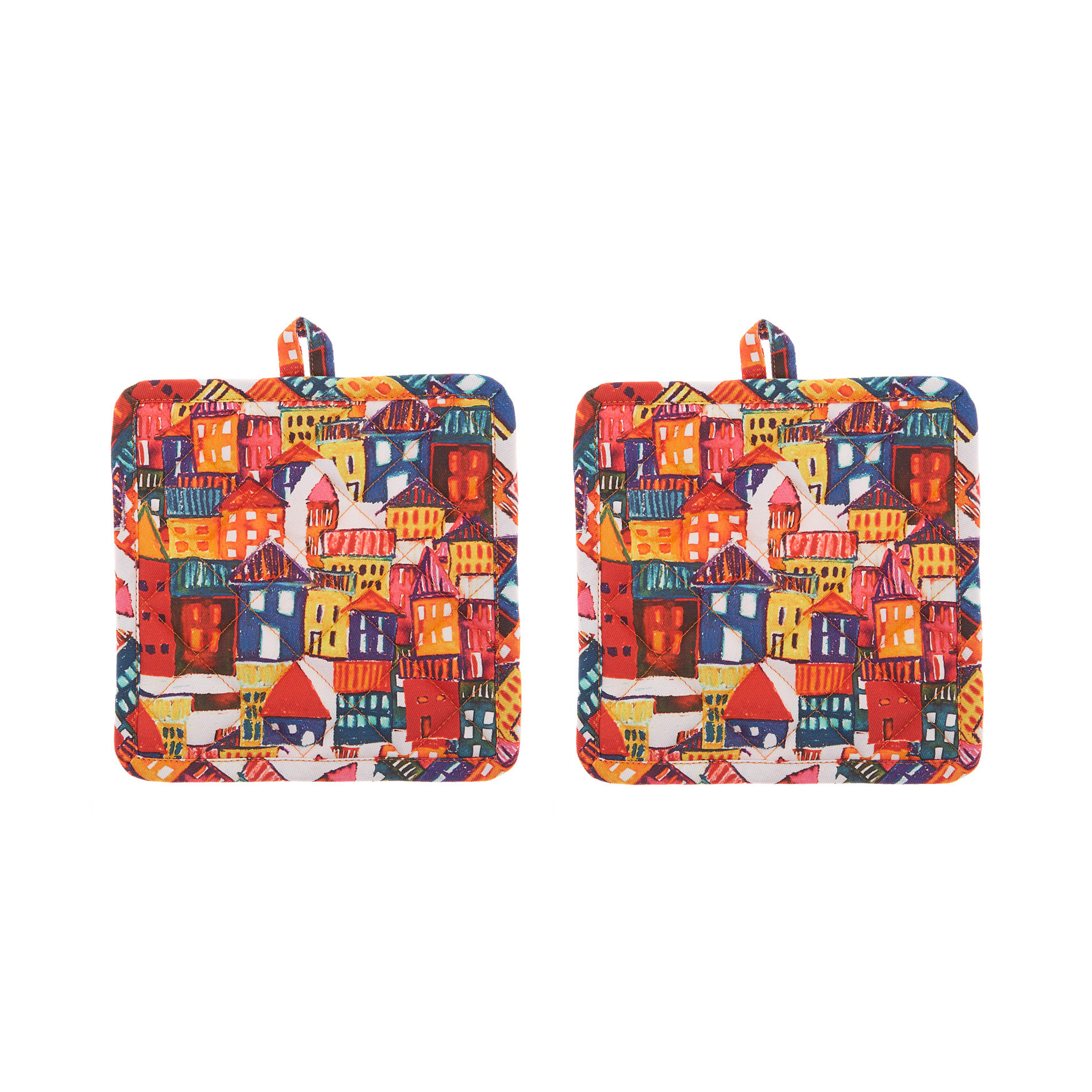 Set of 2 pot holders in cotton twill with house print, Multicolor, large image number 0