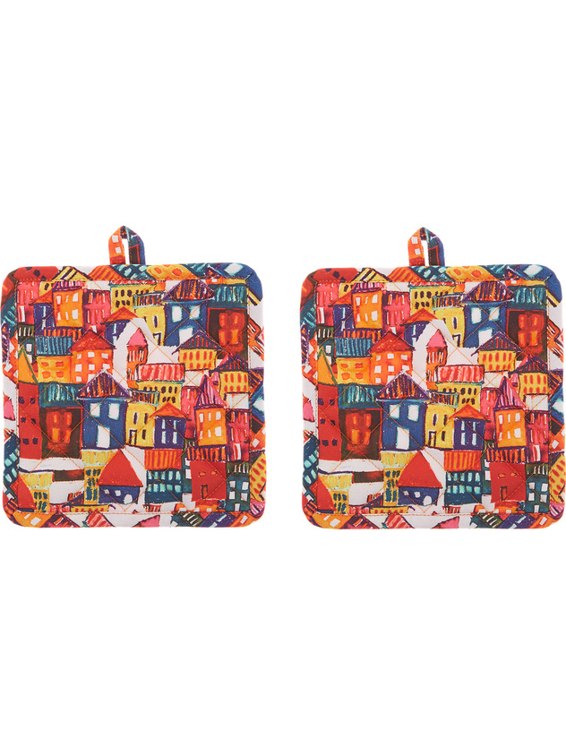 Set of 2 pot holders in cotton twill with house print