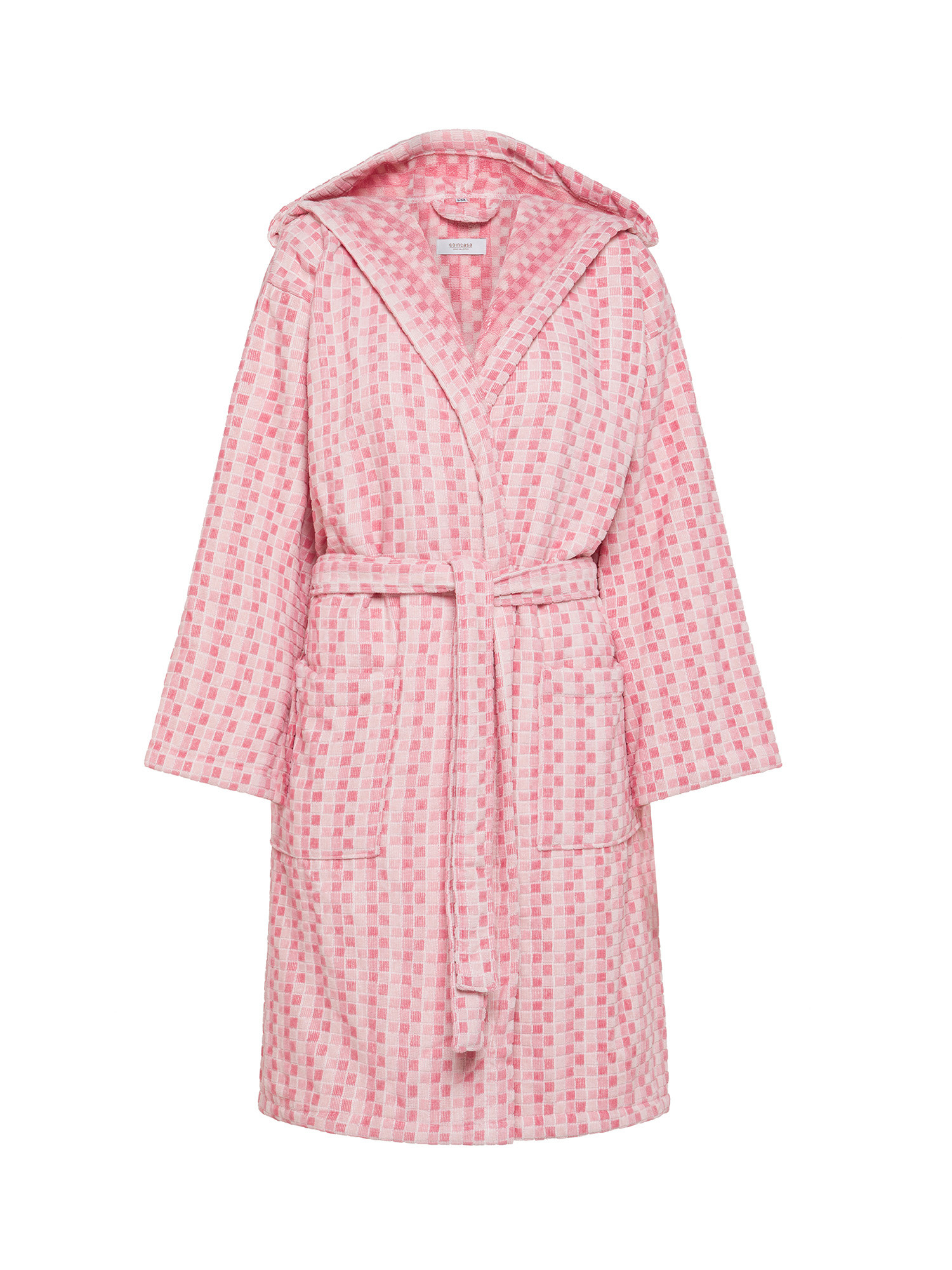 Yarn-dyed pure cotton velour bathrobe with mosaic effect check pattern, Pink, large image number 0