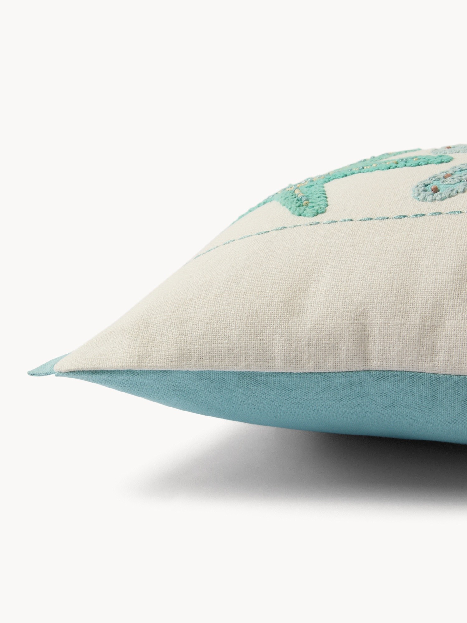 Cotton cushion with starfish embroidery,35x50cm - Introductory price, Bianco/Azzurro, large image number 2