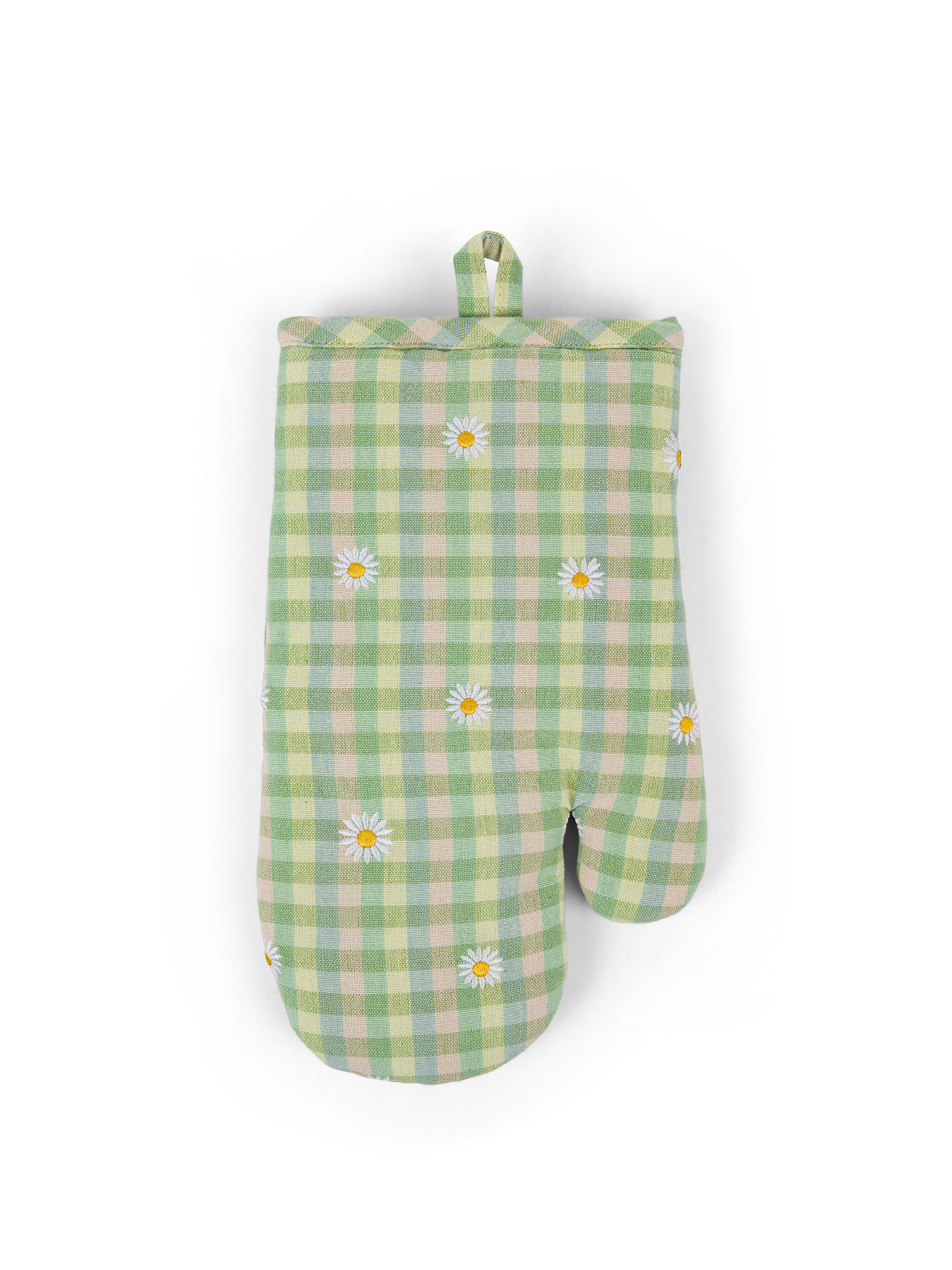 100% cotton kitchen glove with gingham motif and daisies embroidery, Green, large image number 0