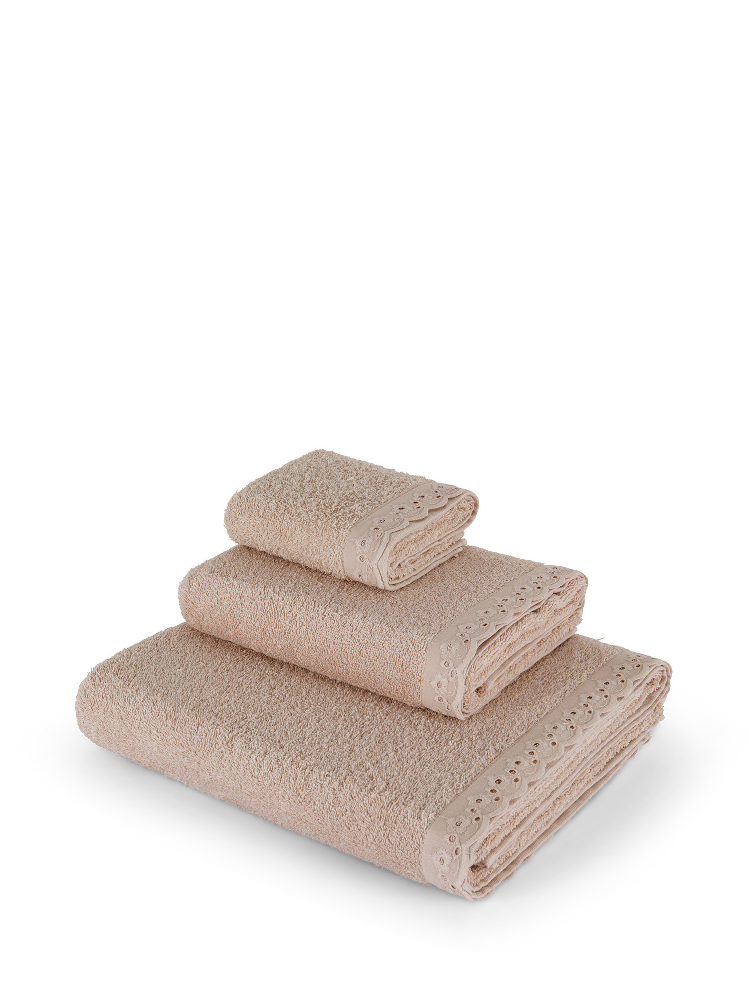 Asciugamano spugna di cotone bordo sangallo, Beige, large