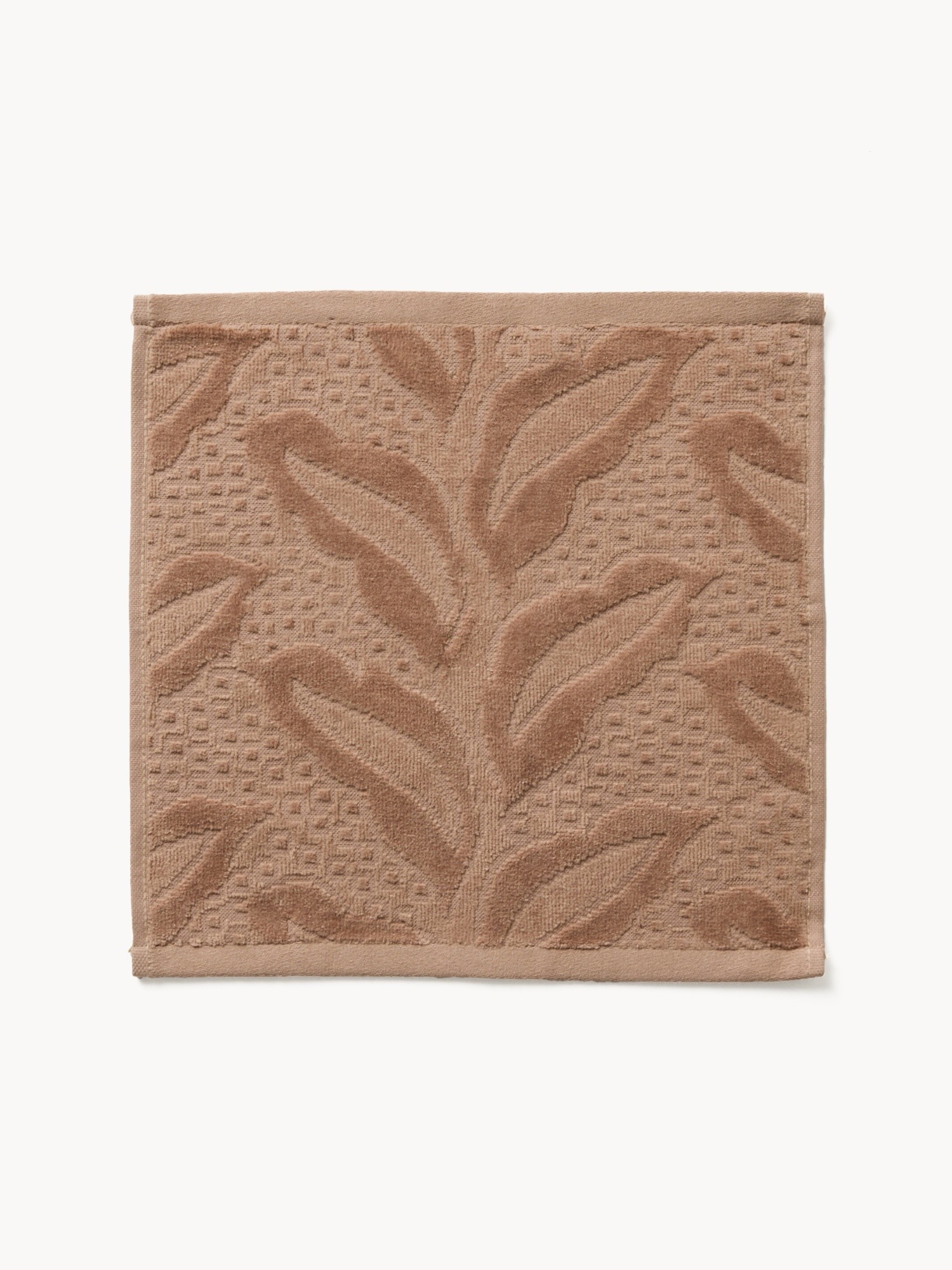 Set of 2 cotton velour washcloths with a jacquard leaf motif, Dark Beige, large image number 1