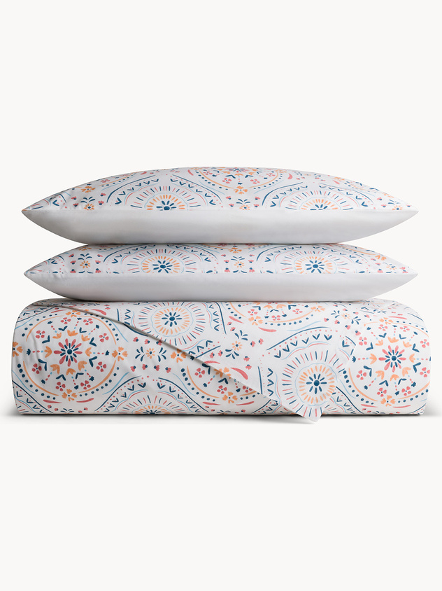Cotton percale duvet cover set with geometric motif