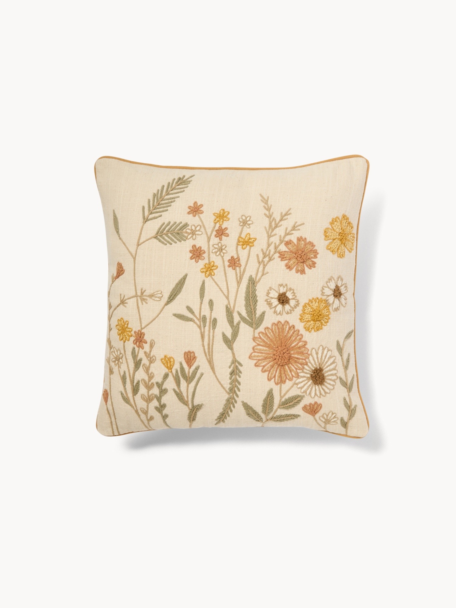 Cotton slub pillow with flower embroidery, 45x45cm - Discounted Price, Beige, large image number 0