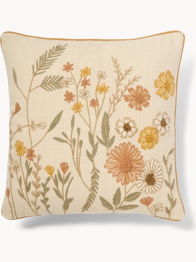 Cotton slub pillow with flower embroidery, 45x45cm - Discounted Price