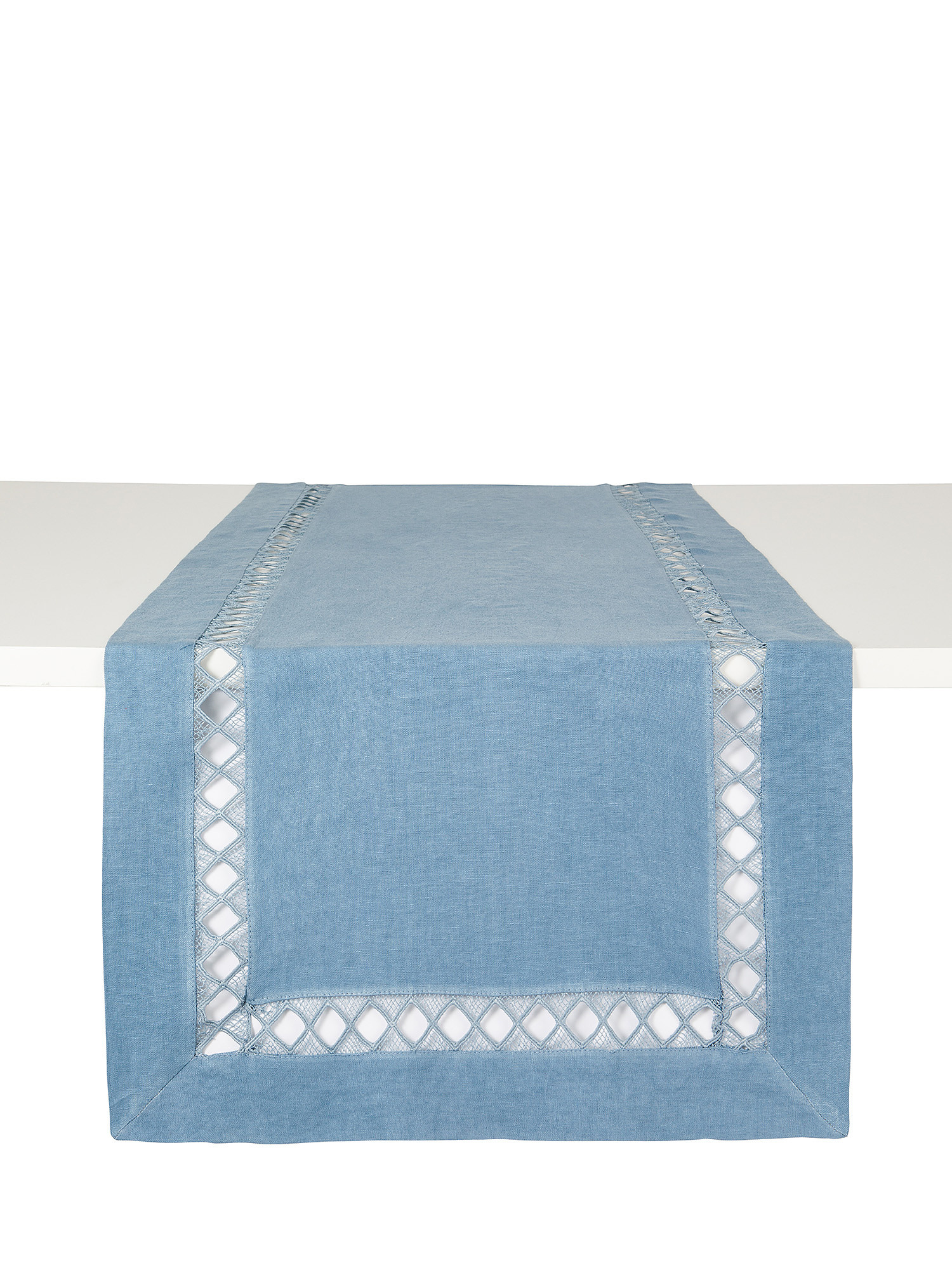 Pure linen table runner with openwork edge, Light Blue, large image number 0