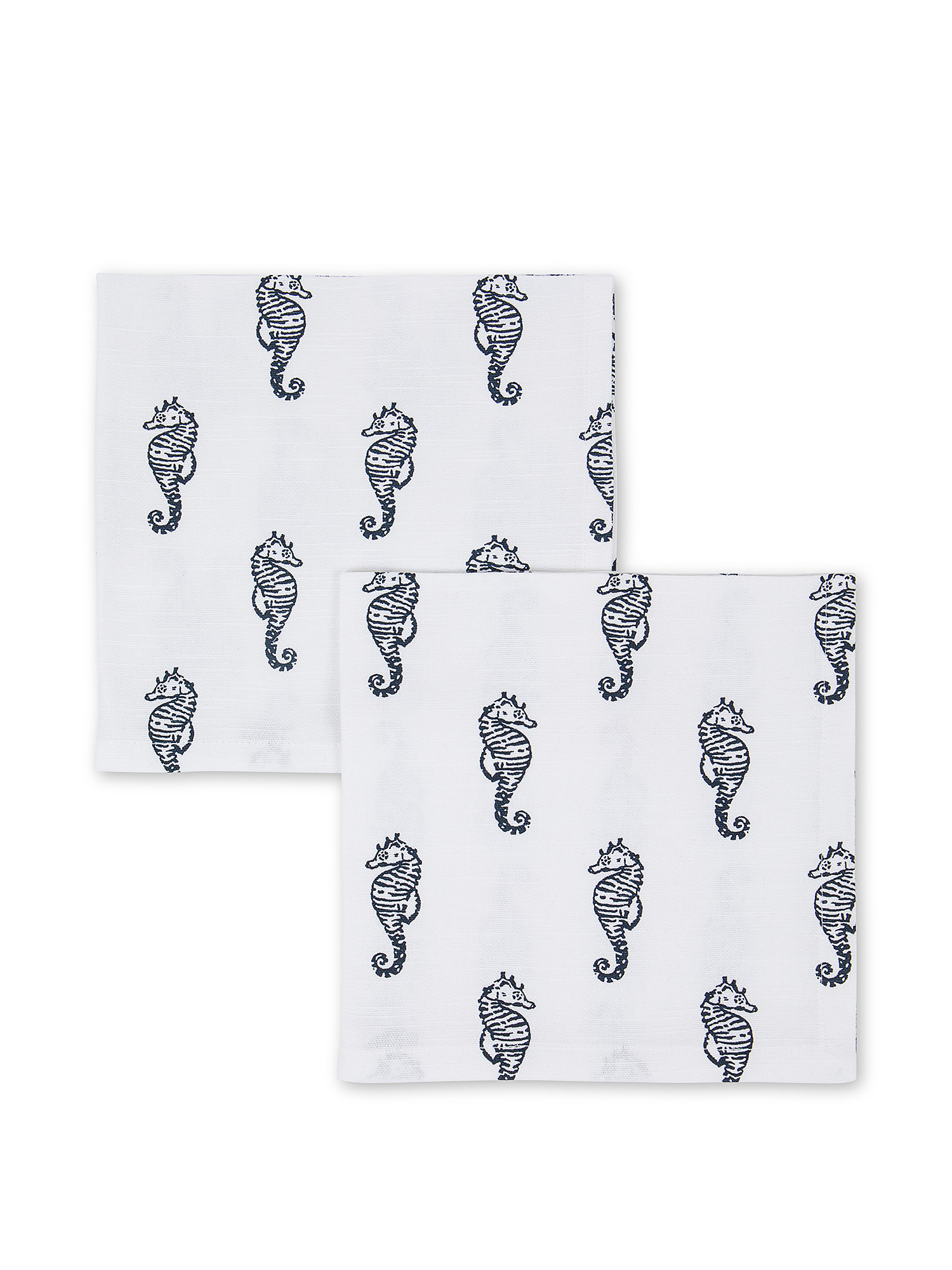 Set of 2 napkins with seahorses in slub cotton., White / Blue, large image number 0