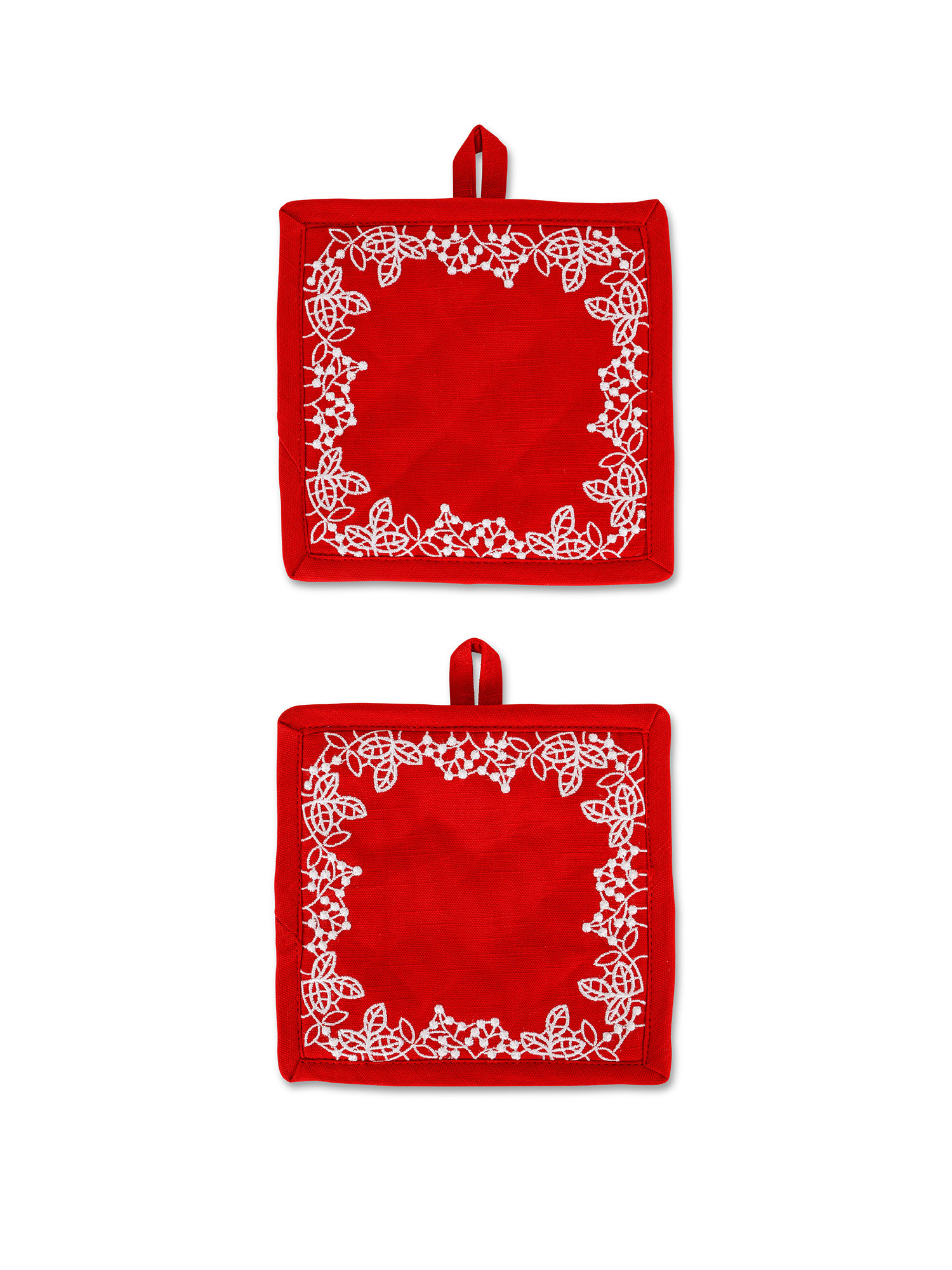 Set of 2 cotton pot holders with Christmas embroidery, Red, large image number 0