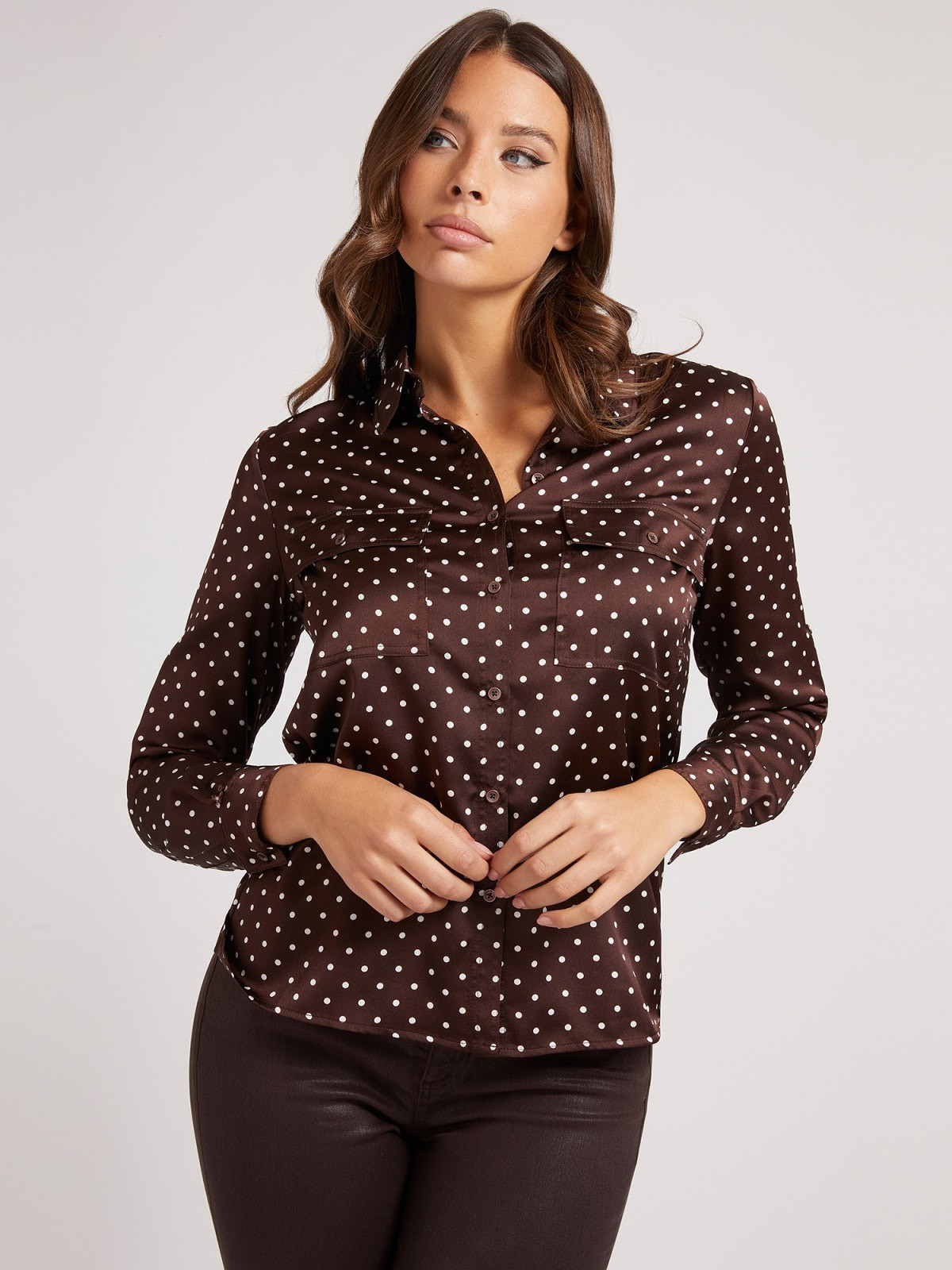 Camicia satin stampa all over, Marrone, large image number 3