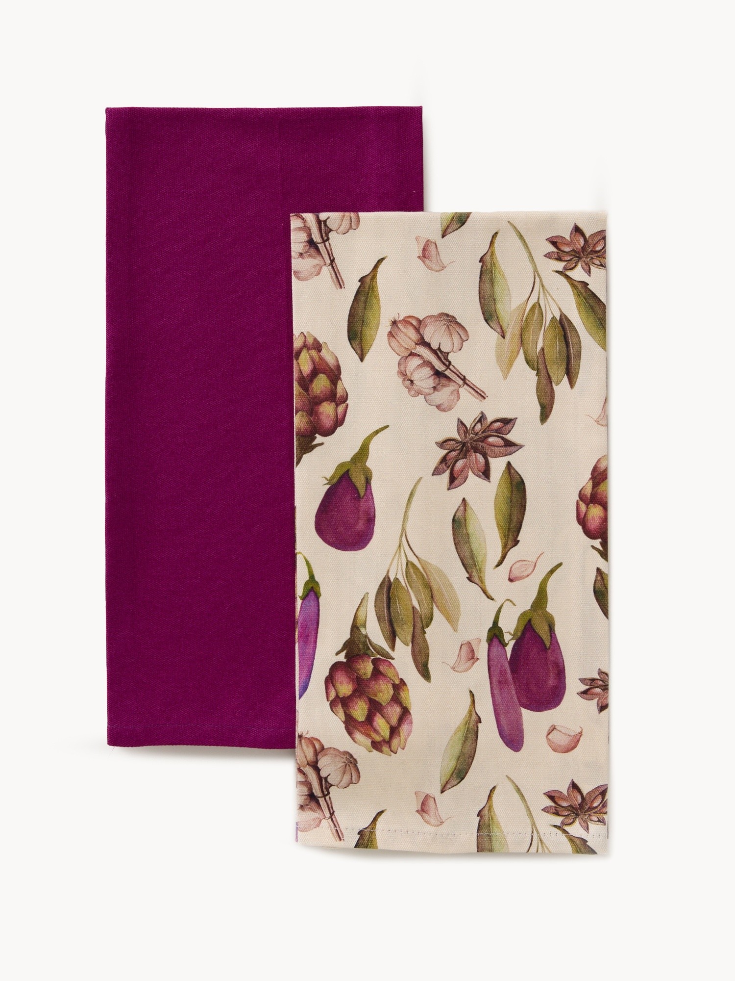Set of 2 cotton tea towels with printed and plain colors, Multicolor, large image number 0