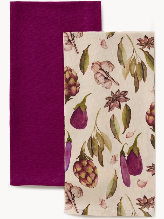 Set of 2 cotton tea towels with printed and plain colors