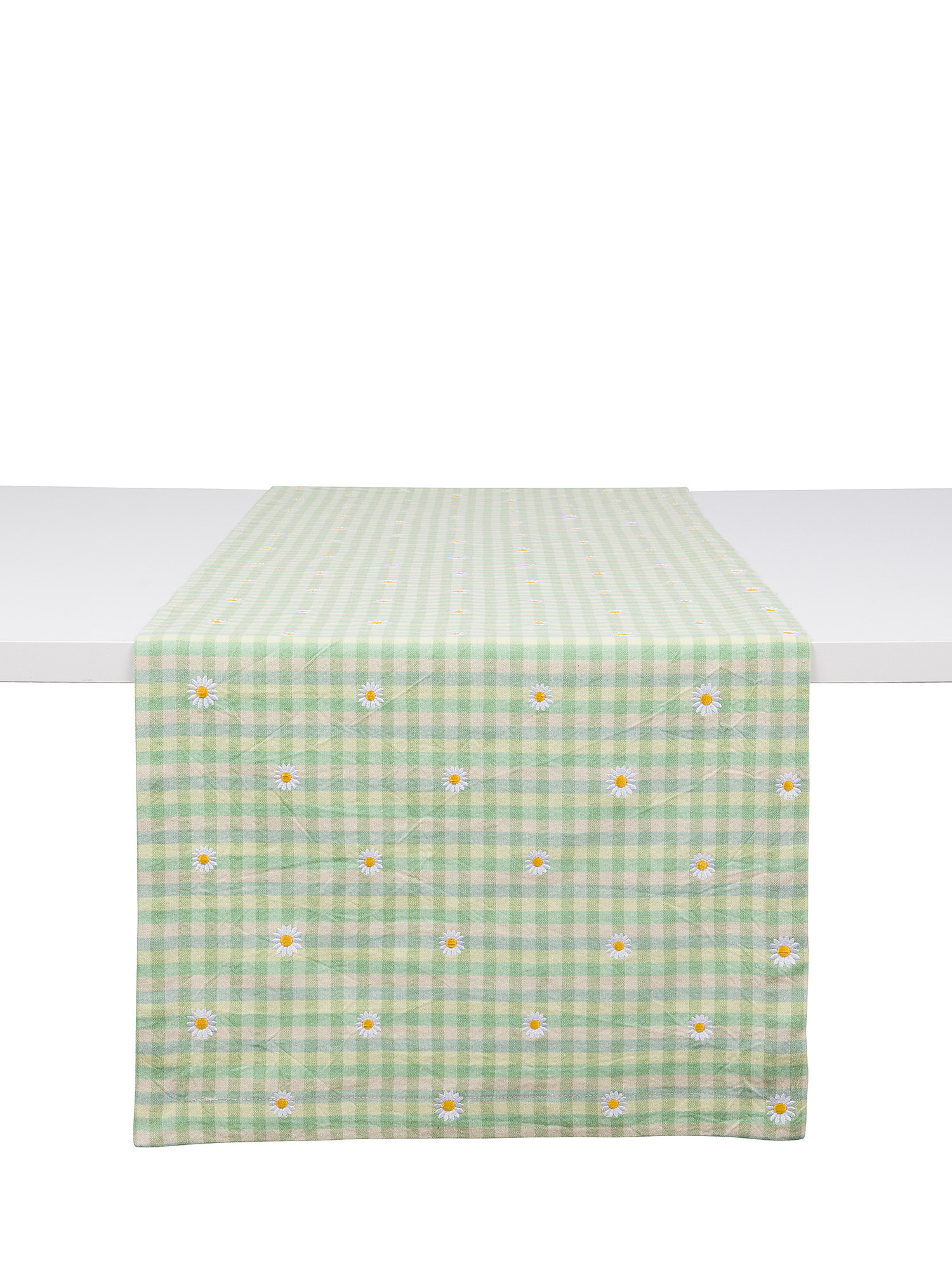 100% cotton table runner with gingham motif and daisies embroidery, Green, large image number 0
