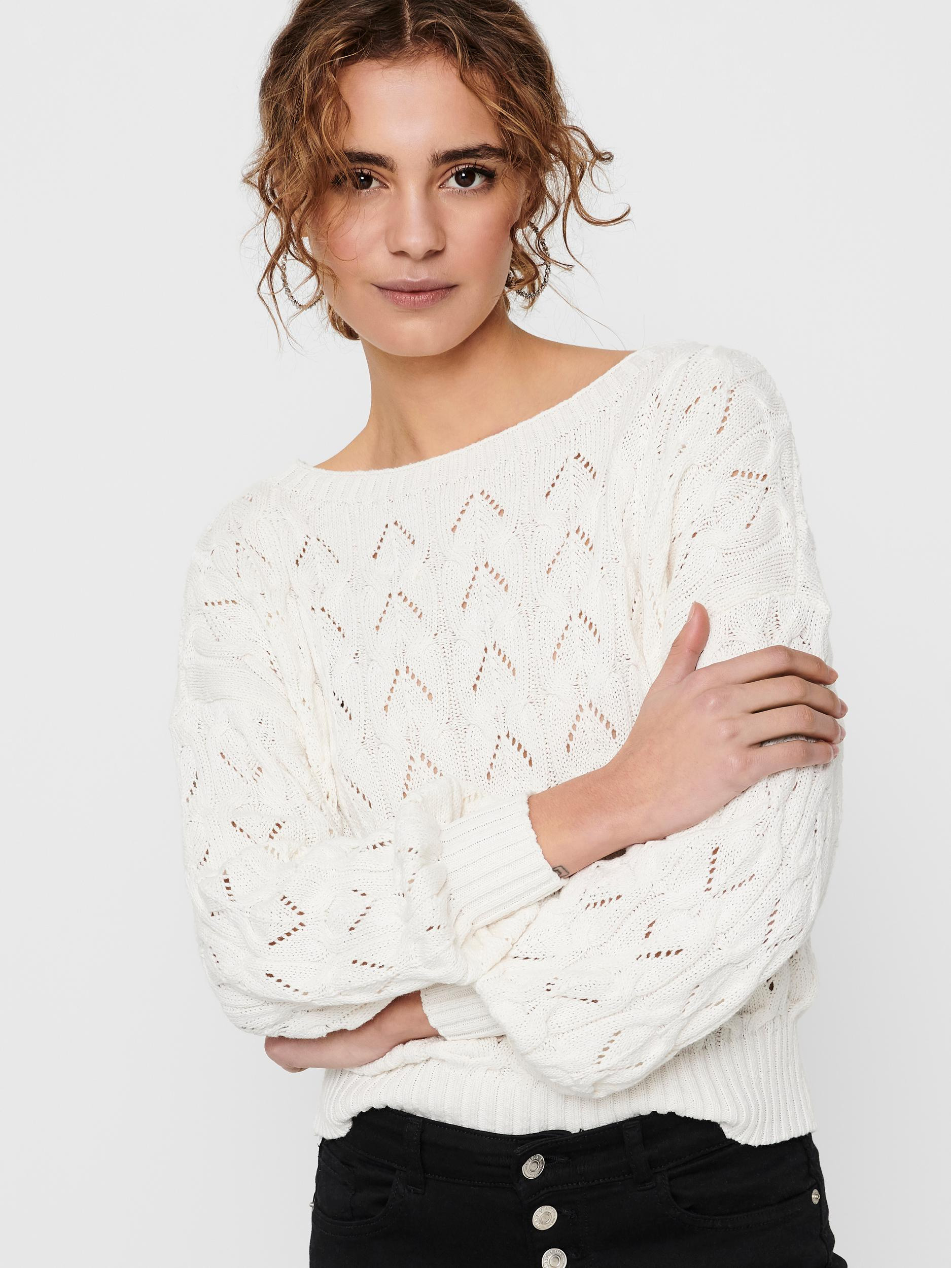 Only - Boat neck pullover with pointelle detail, White, large image number 5