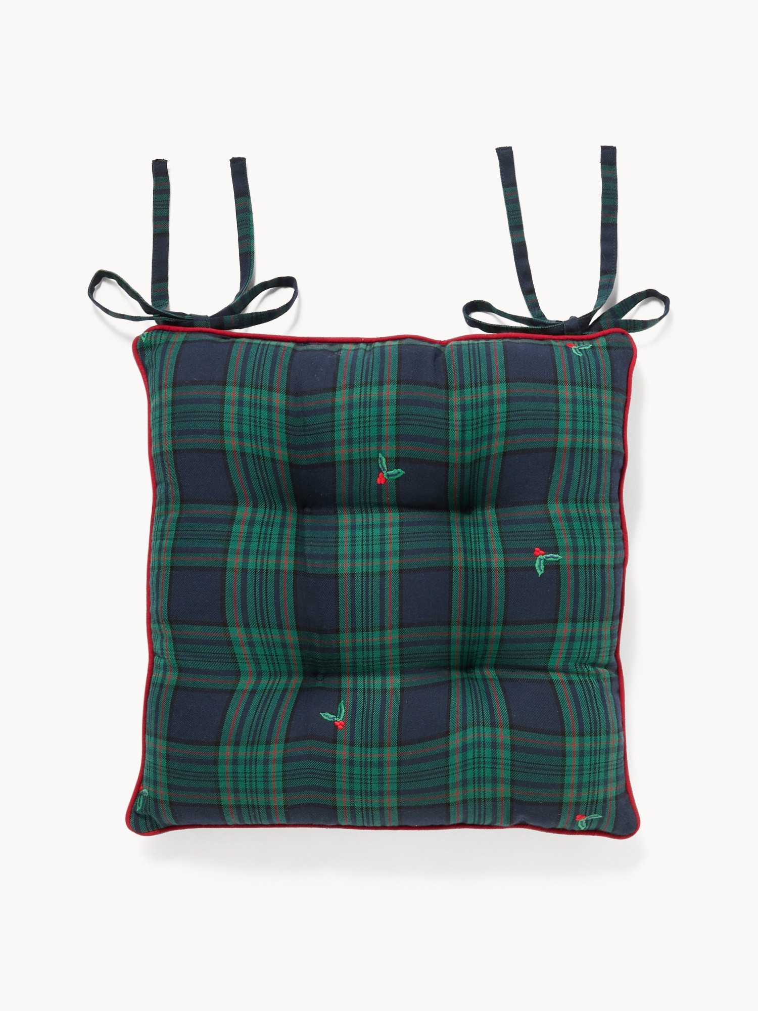 Chair cushion with laces in cotton twill with holly embroidery, Blue, large image number 0