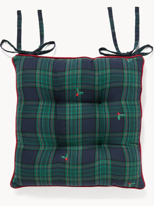 Chair cushion with laces in cotton twill with holly embroidery