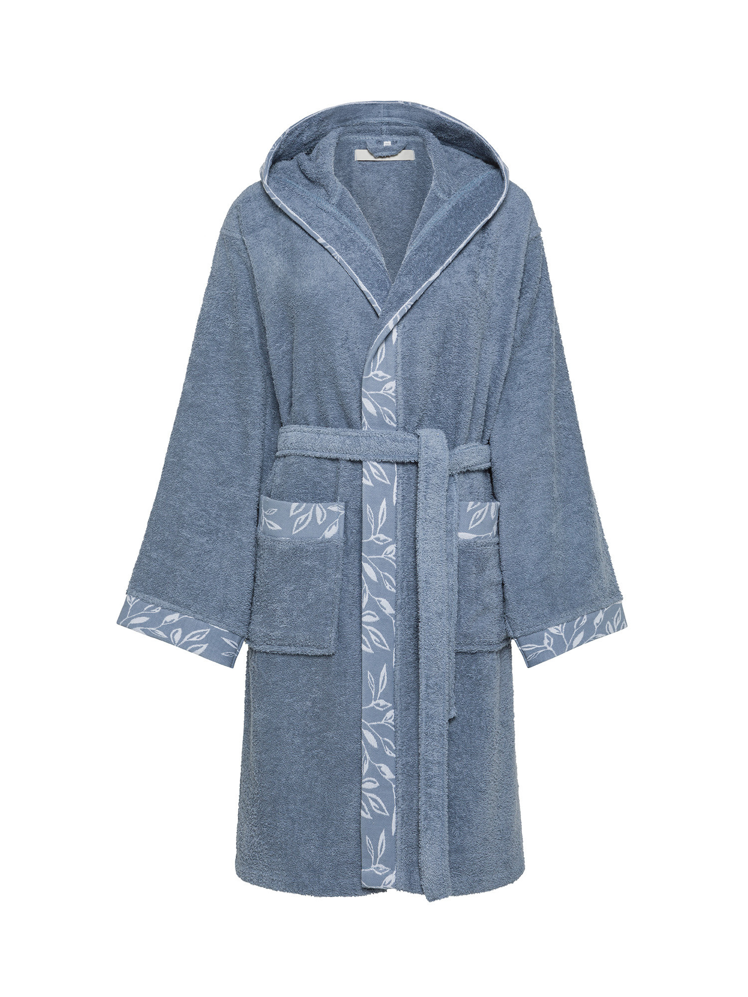Cotton terry bathrobe with jacquard edge, Blue Dark, large image number 0