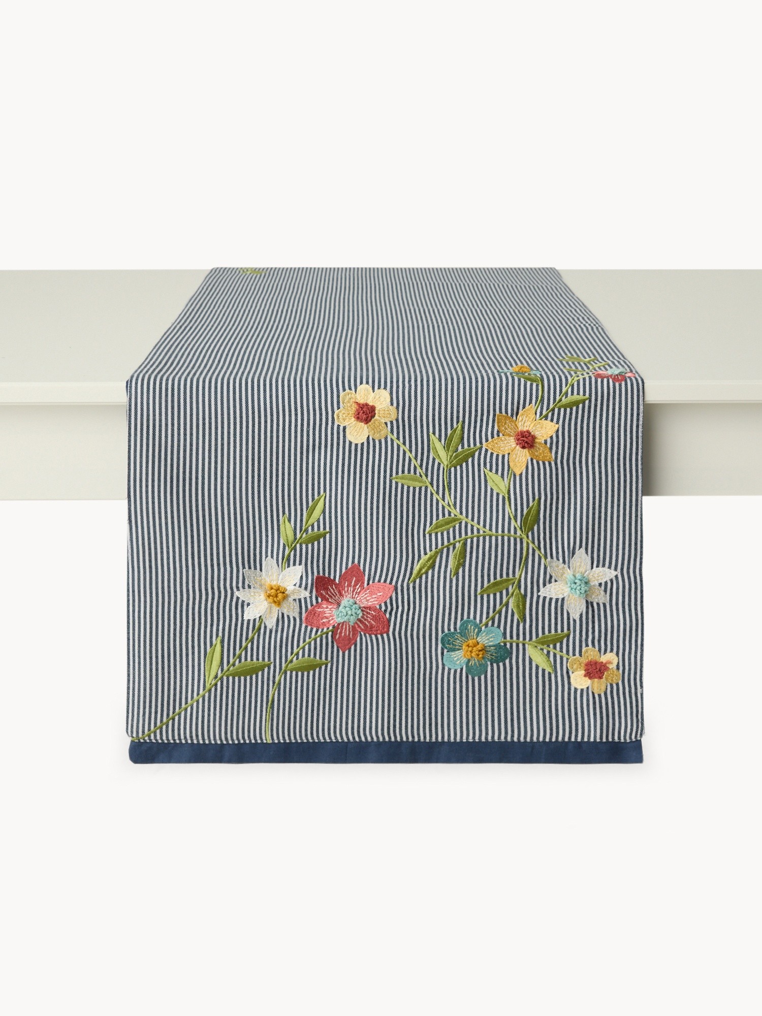 Runner in puro cotone tinto filo con ricamo floreale - Prezzo di lancio, Blu, large image number 1