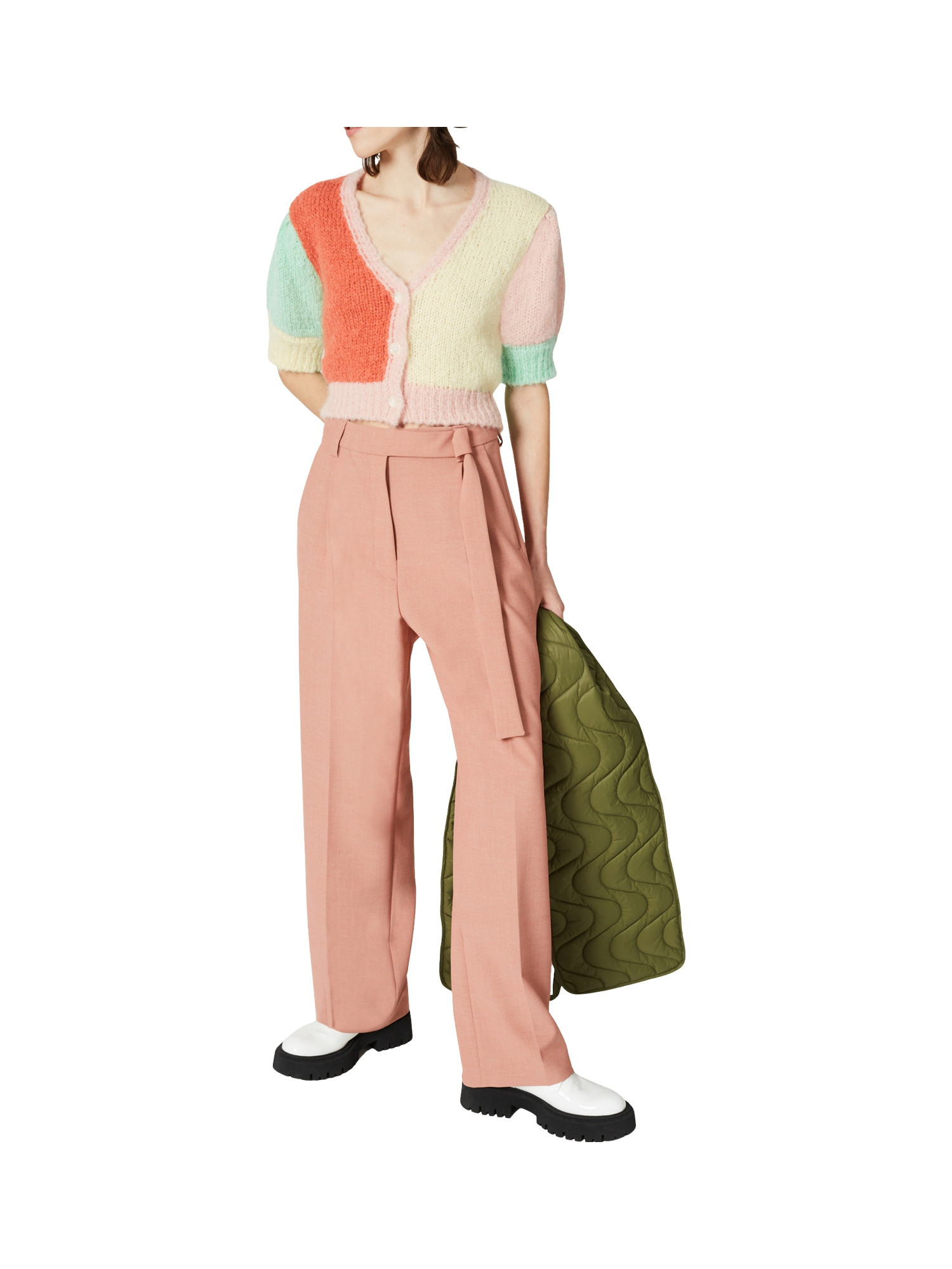Multicolor pied de poule trousers in polyester-viscose blend with wide leg, Pink, large image number 5