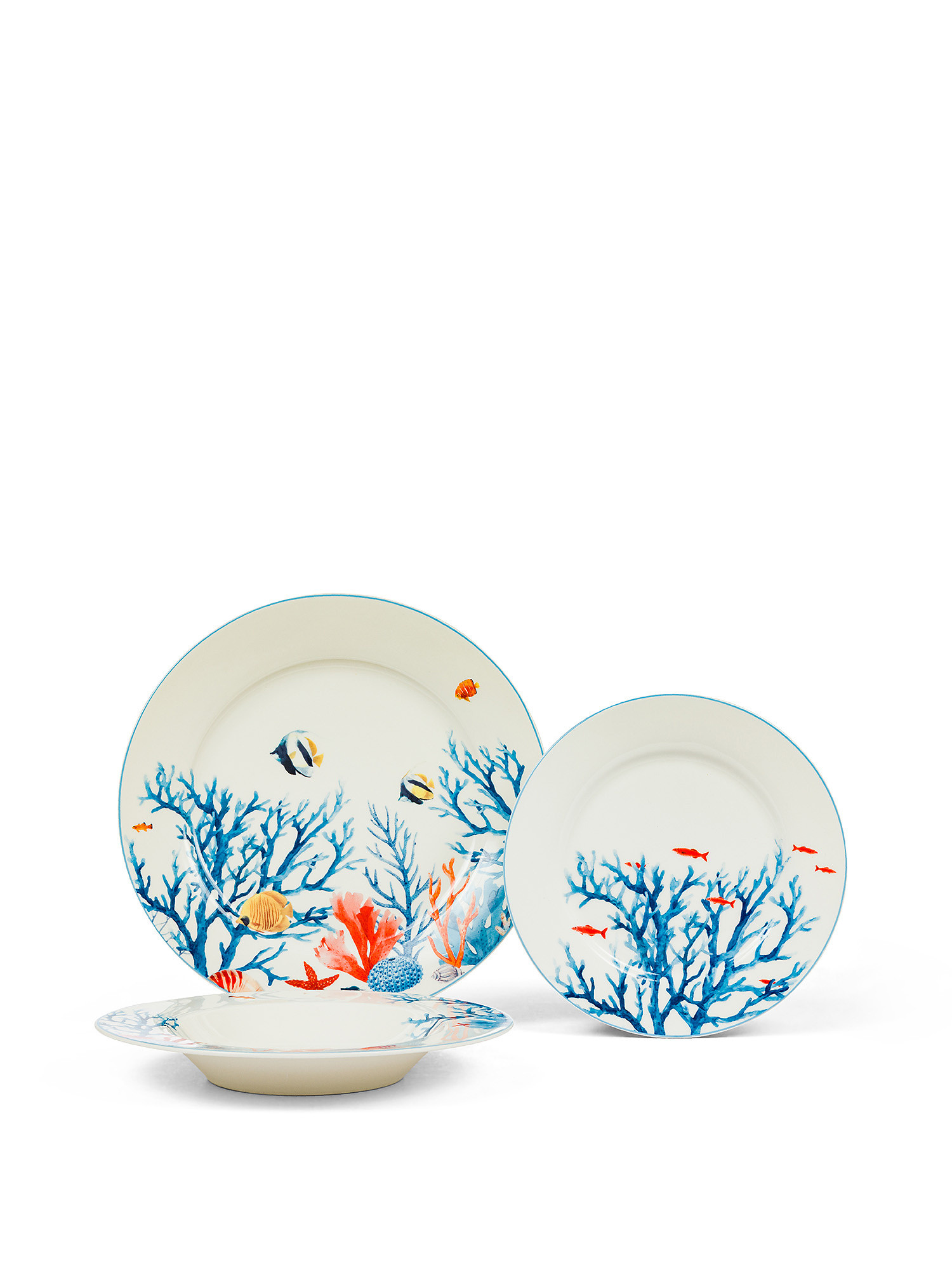 Set 18 piatti in new bone china fantasia pesciolini, Bianco/Azzurro, large image number 0