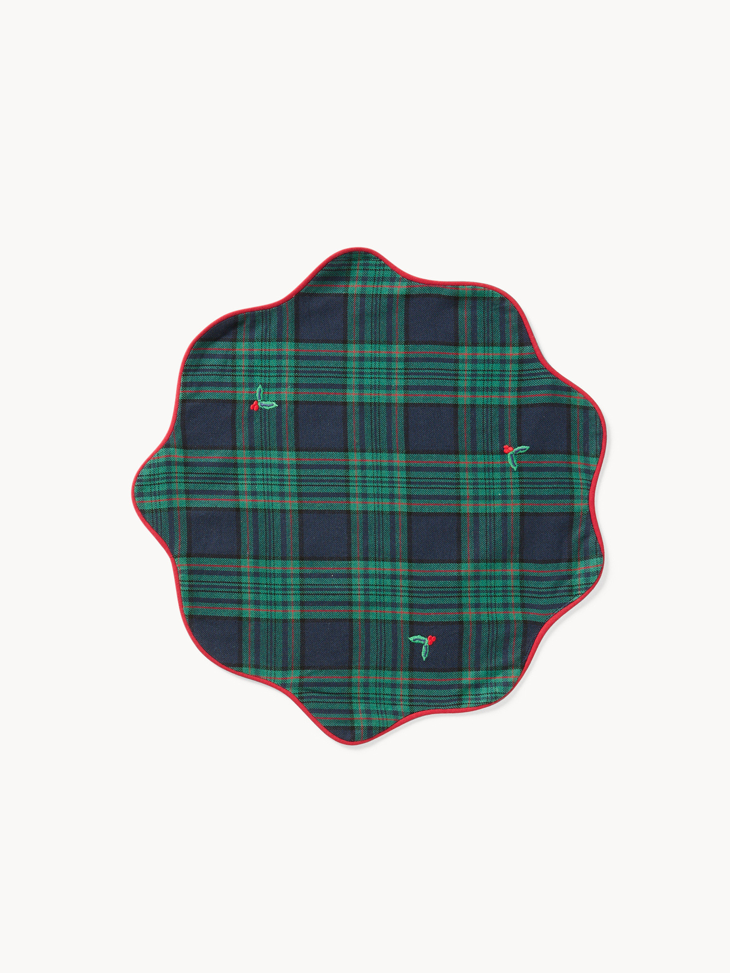 Tovaglietta tartan in twill di cotone con ricami agrifoglio e bordi smerlati, Blu, large image number 0