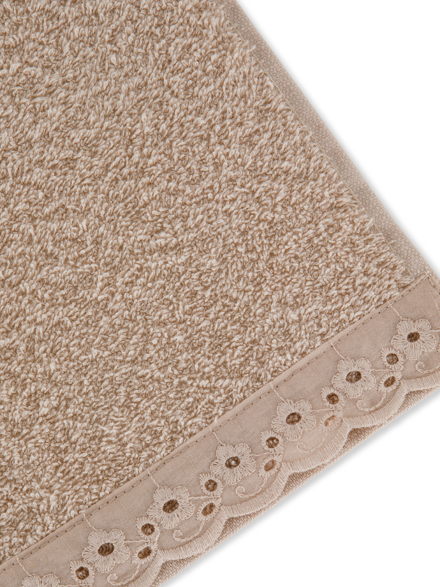 Asciugamano spugna di cotone bordo sangallo, Beige, large