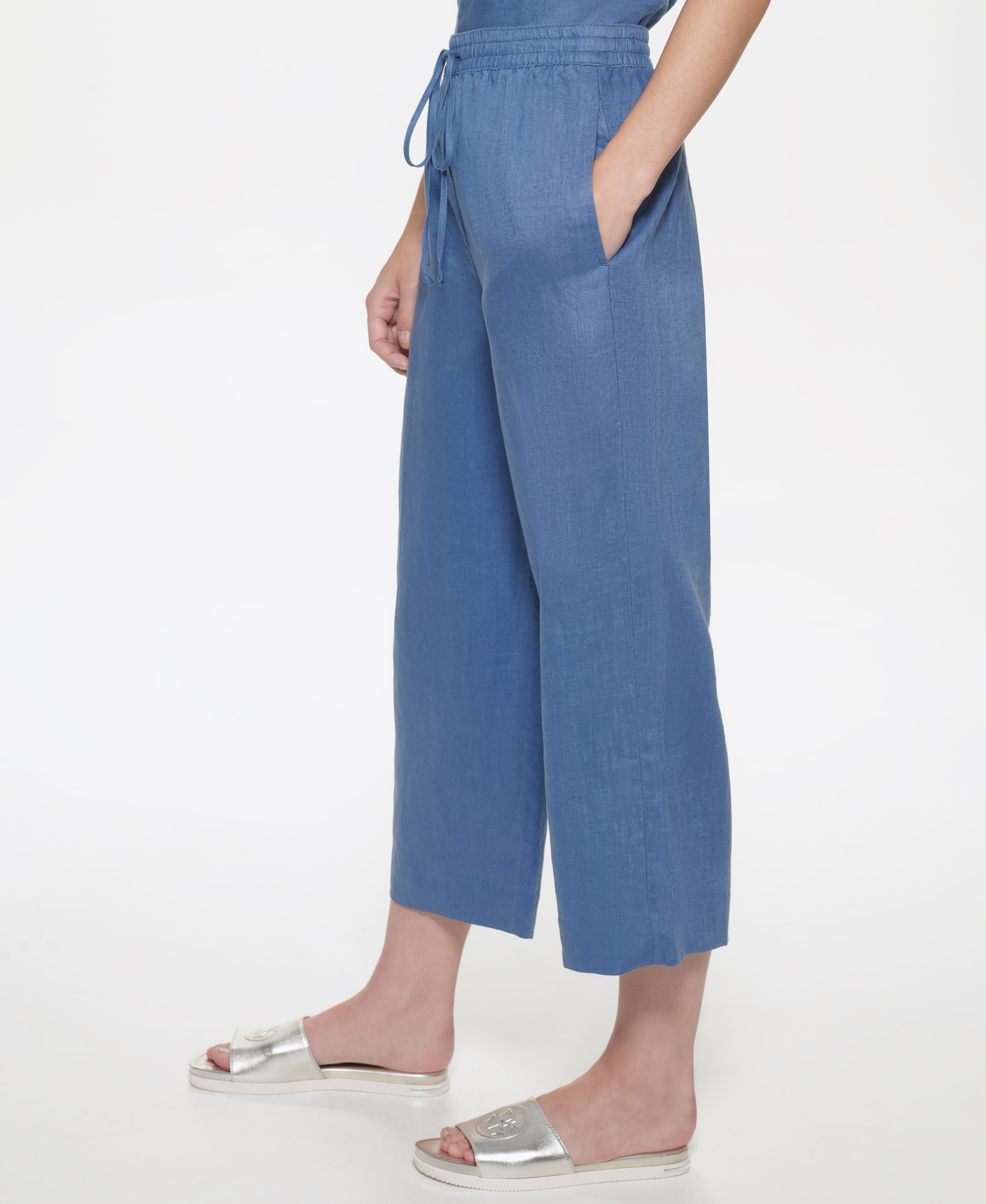 Pantalone a gamba ampia in lino, Blu, large image number 5