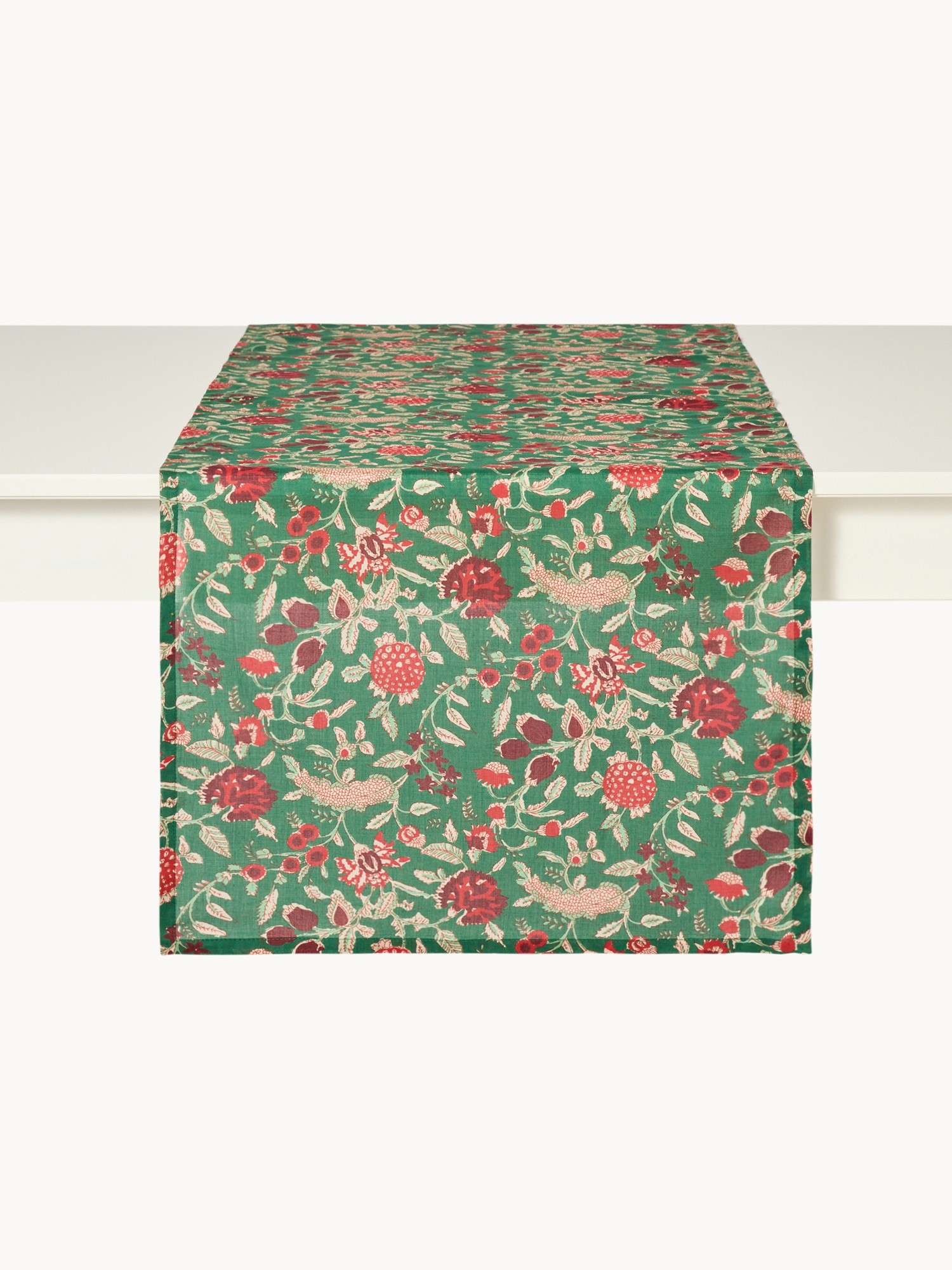 Runner in voile di cotone con stampa block print, Verde, large image number 1