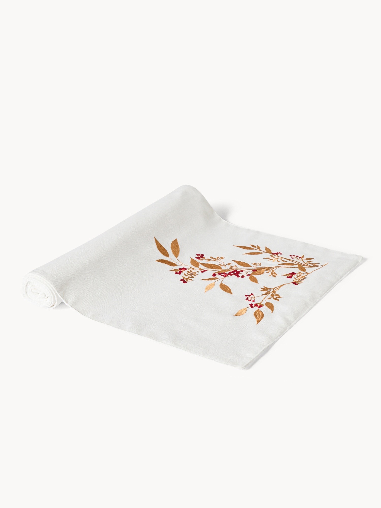 Runner in slub di puro cotone con ricamo foliage, Bianco, large image number 0