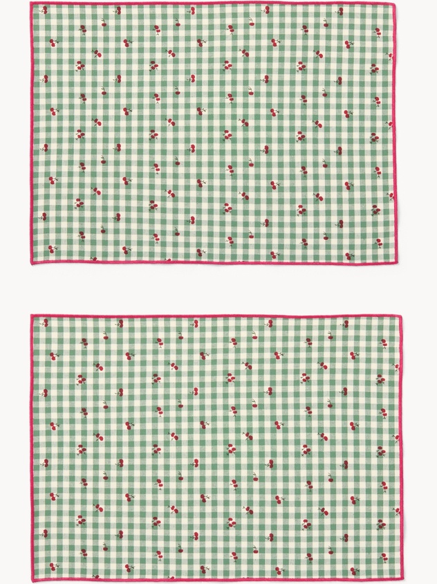 Set di 2 tovagliette in puro cotone vichy tinto filo con stampa ciliegie e overlock - Prezzo di lancio