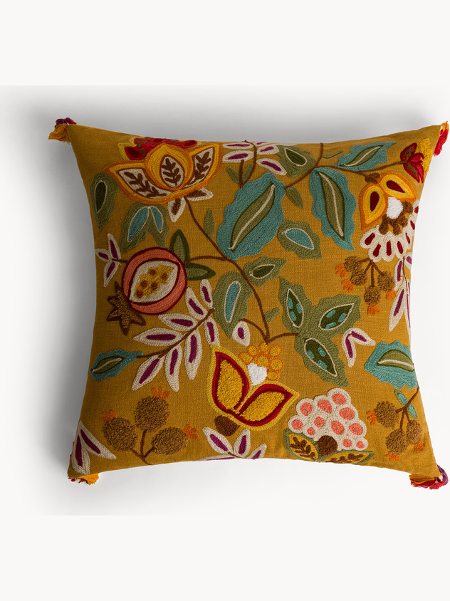 Cuscino 45x45 cm in cotone con ricami e nappe