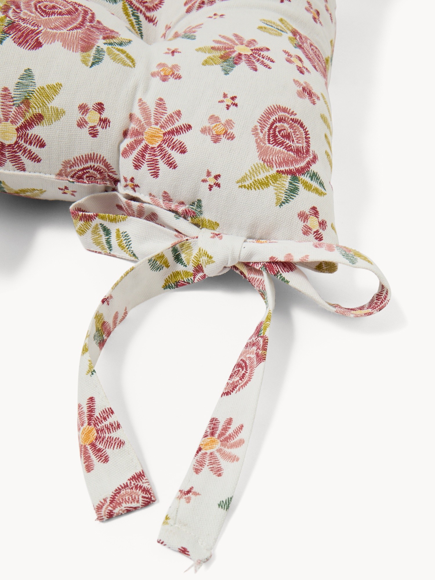 Panama cotton chair cushion with laces with rose print - Discounted Price, White, large image number 1