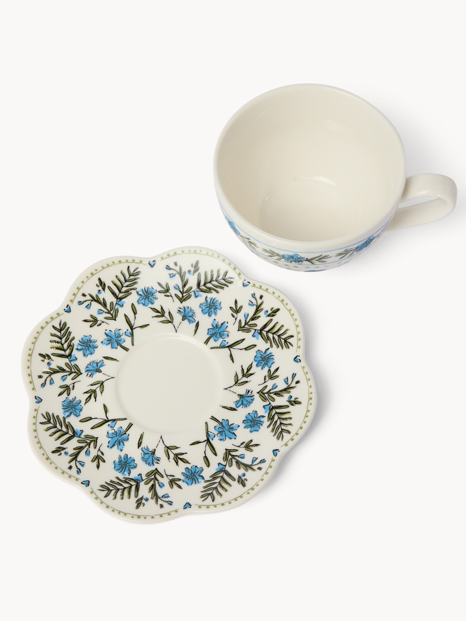 Tazza t&egrave; in porcellana motivo fiorellini, Bianco/Azzurro, large image number 1