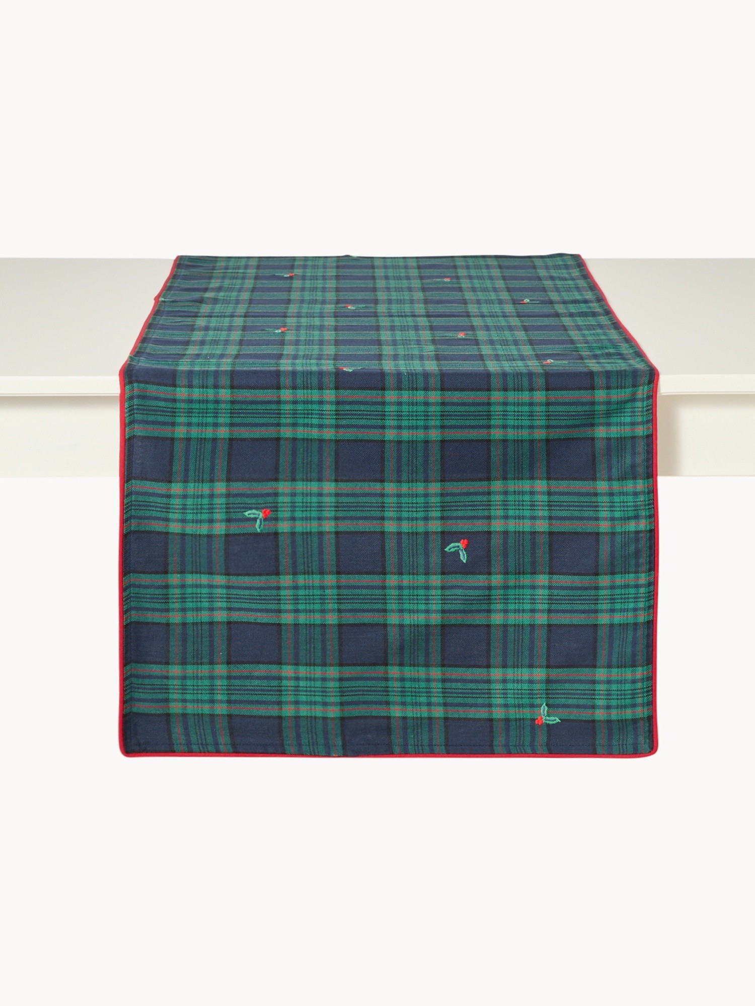 Tovaglietta tartan in twill di cotone con ricami agrifoglio e bordi smerlati, Blu, large image number 1