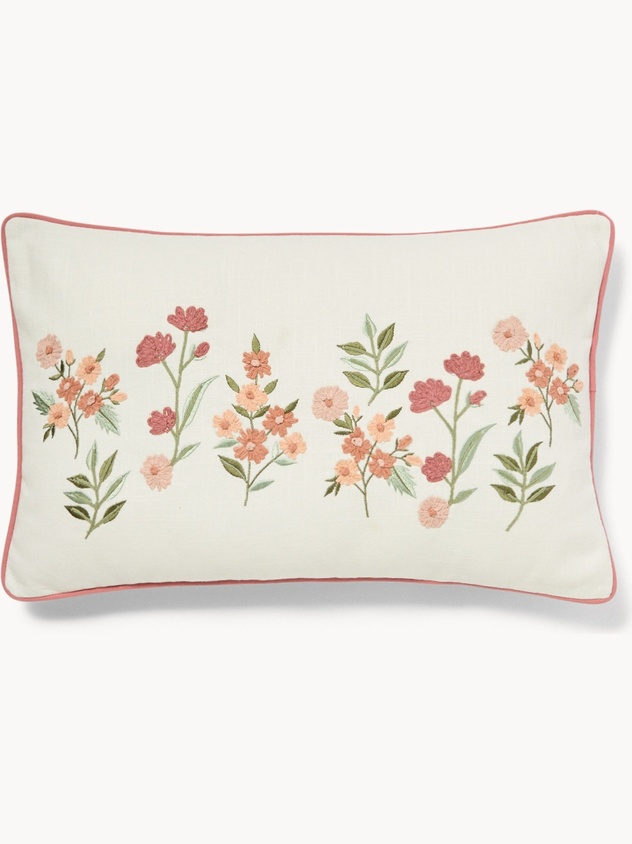 Cuscino in slub di cotone con ricamo fiorellini 35x55cm - Prezzo di lancio