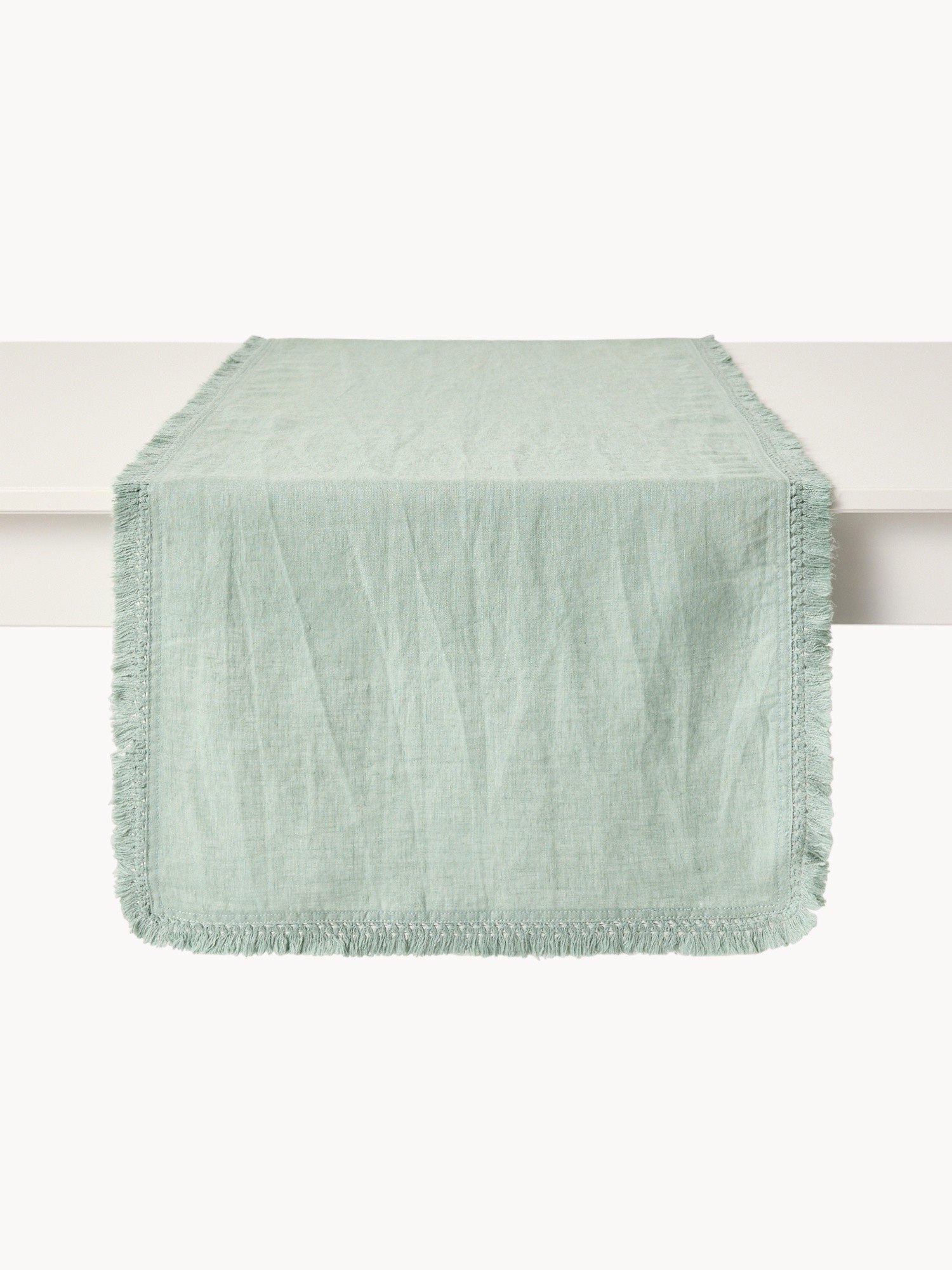 Runner in lino lavato con frangette, Verde ottanio, large image number 0