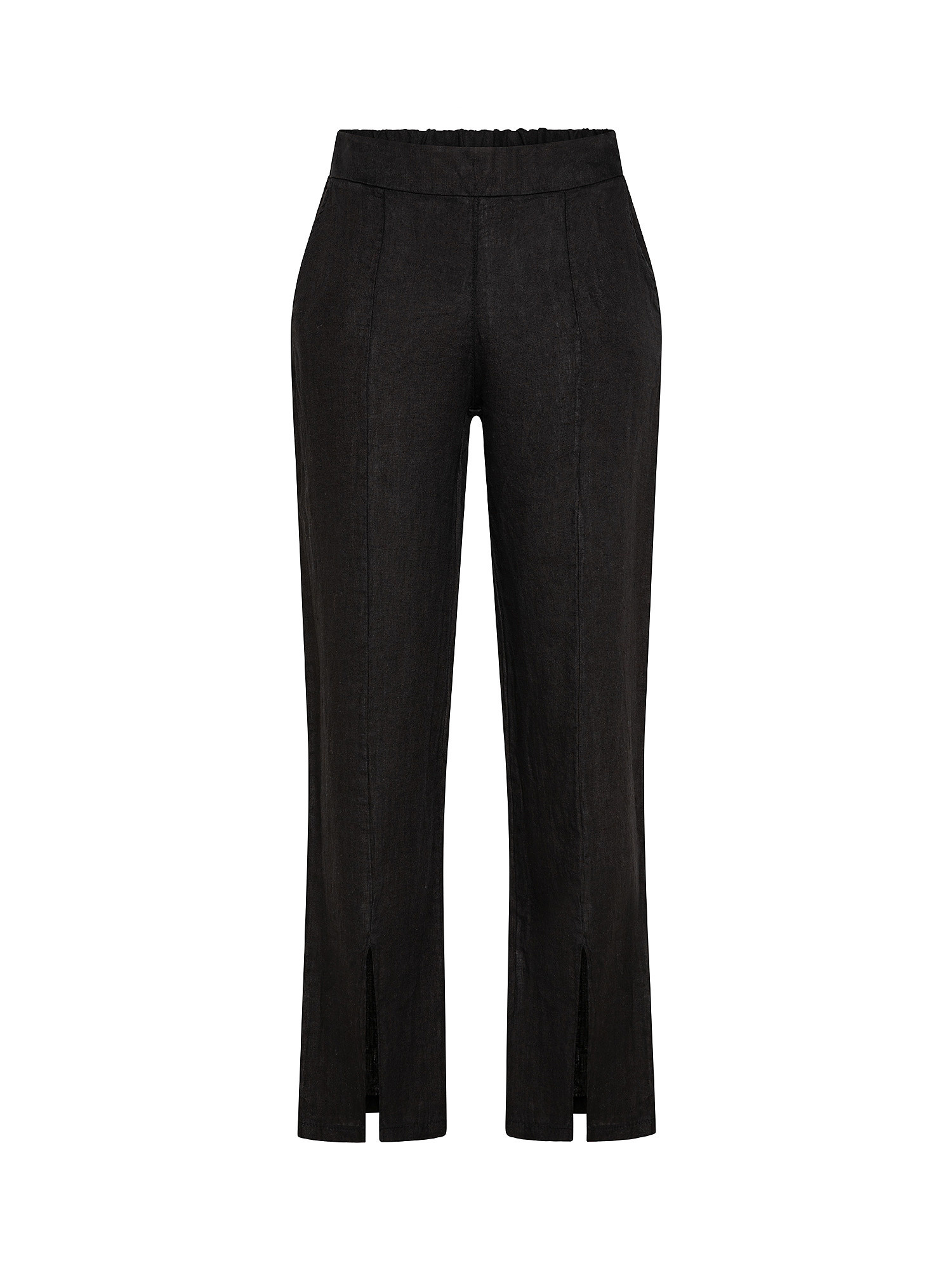Pantalone puro lino con spacco, Nero, large image number 0