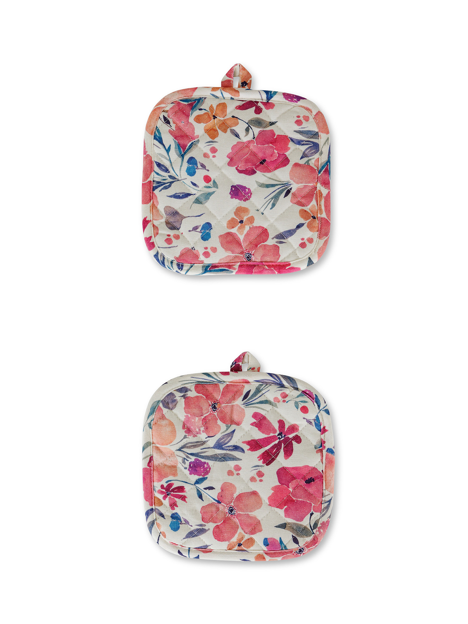 Set of 2 pot holders in 100% cotton with patchwork flower print, Pink, large image number 0