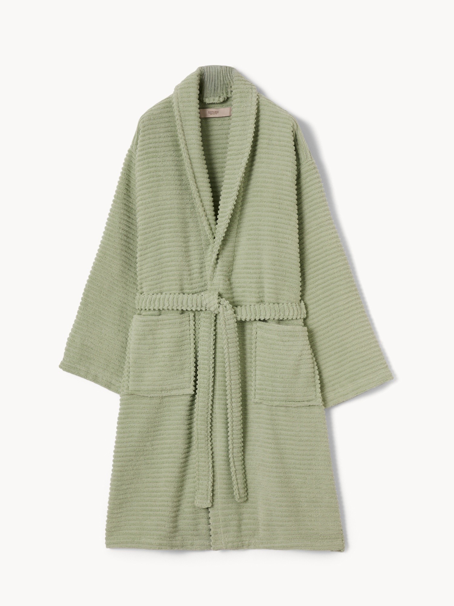 Soft, zero-twist, pure cotton striped terry bathrobe - Discounted price, Light Green, large image number 0