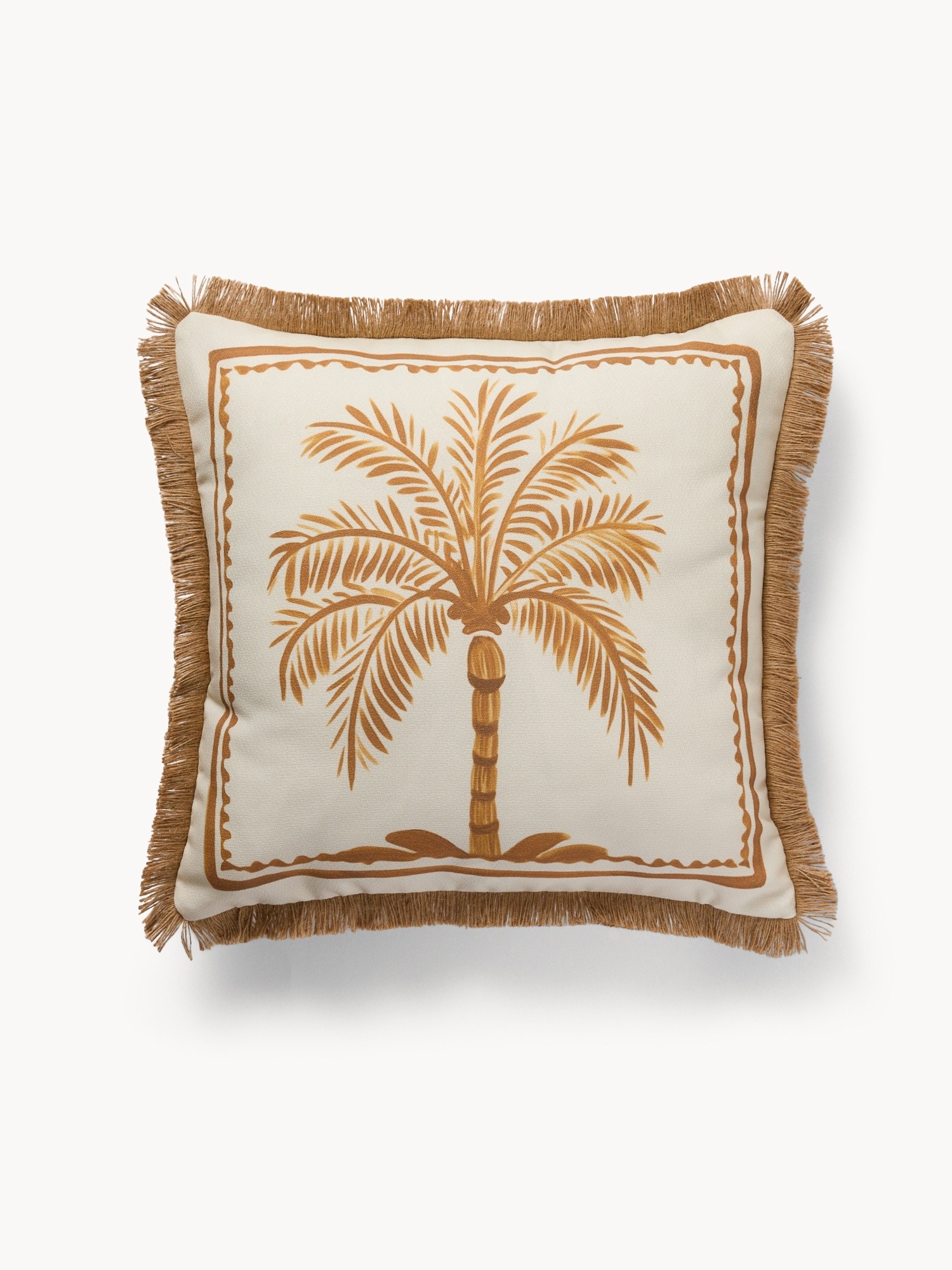 Cushion with palm print and jute fringe 45x45cm, Honey Yellow, large image number 1