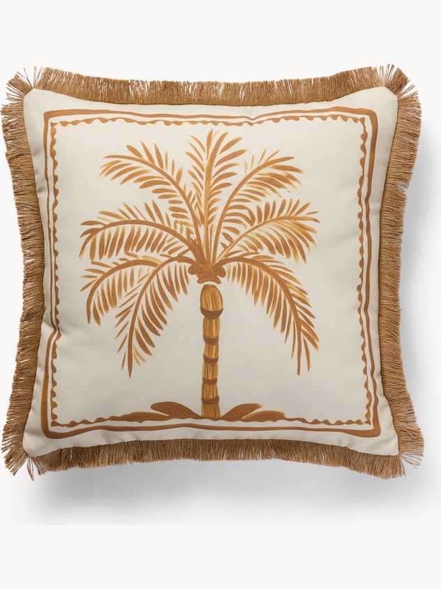 Cushion with palm print and jute fringe 45x45cm