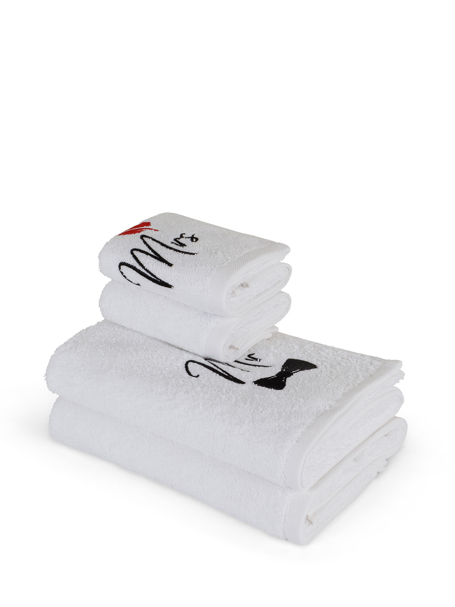 Set 4 asciugamani ricamo Mr&Mrs, Bianco, large image number 1