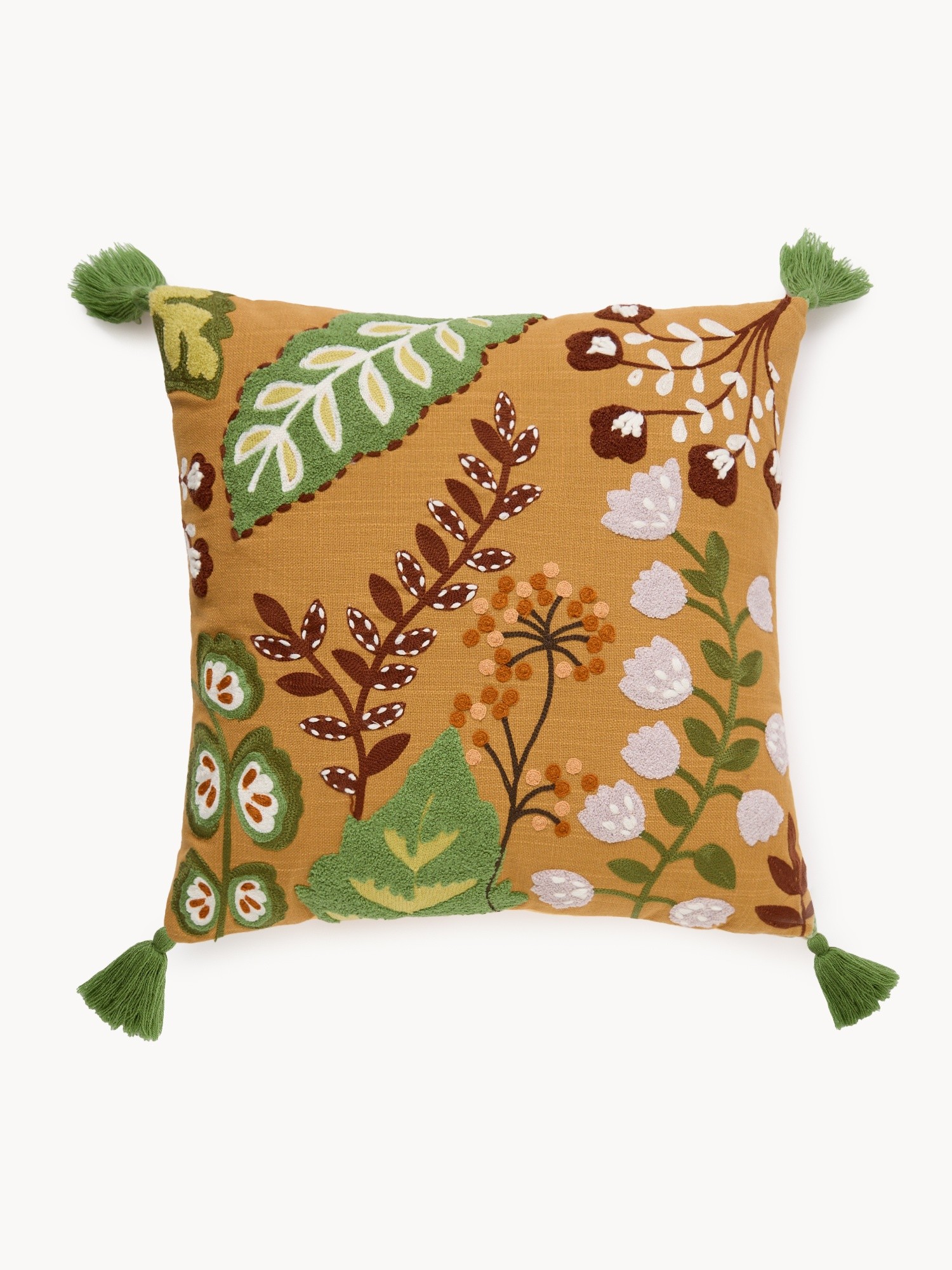 Cuscino con ricami floreali e nappine 45x45cm, Giallo ocra, large image number 0