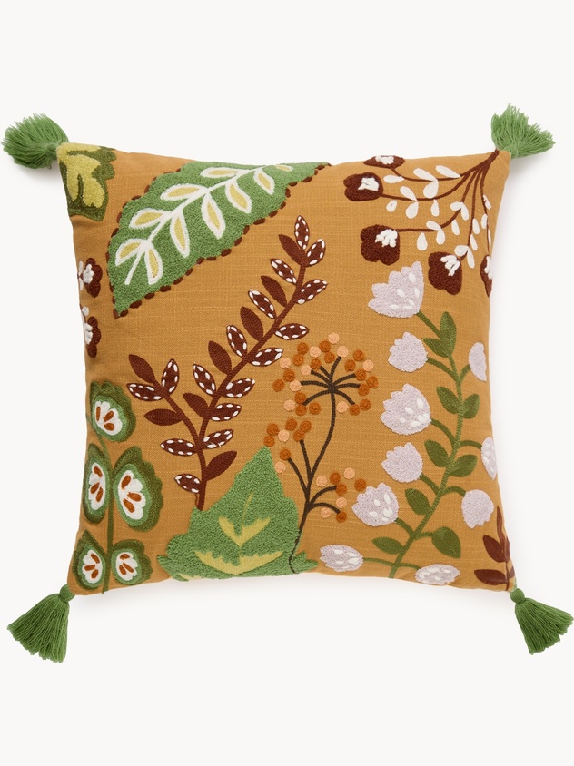 Cuscino con ricami floreali e nappine 45x45cm