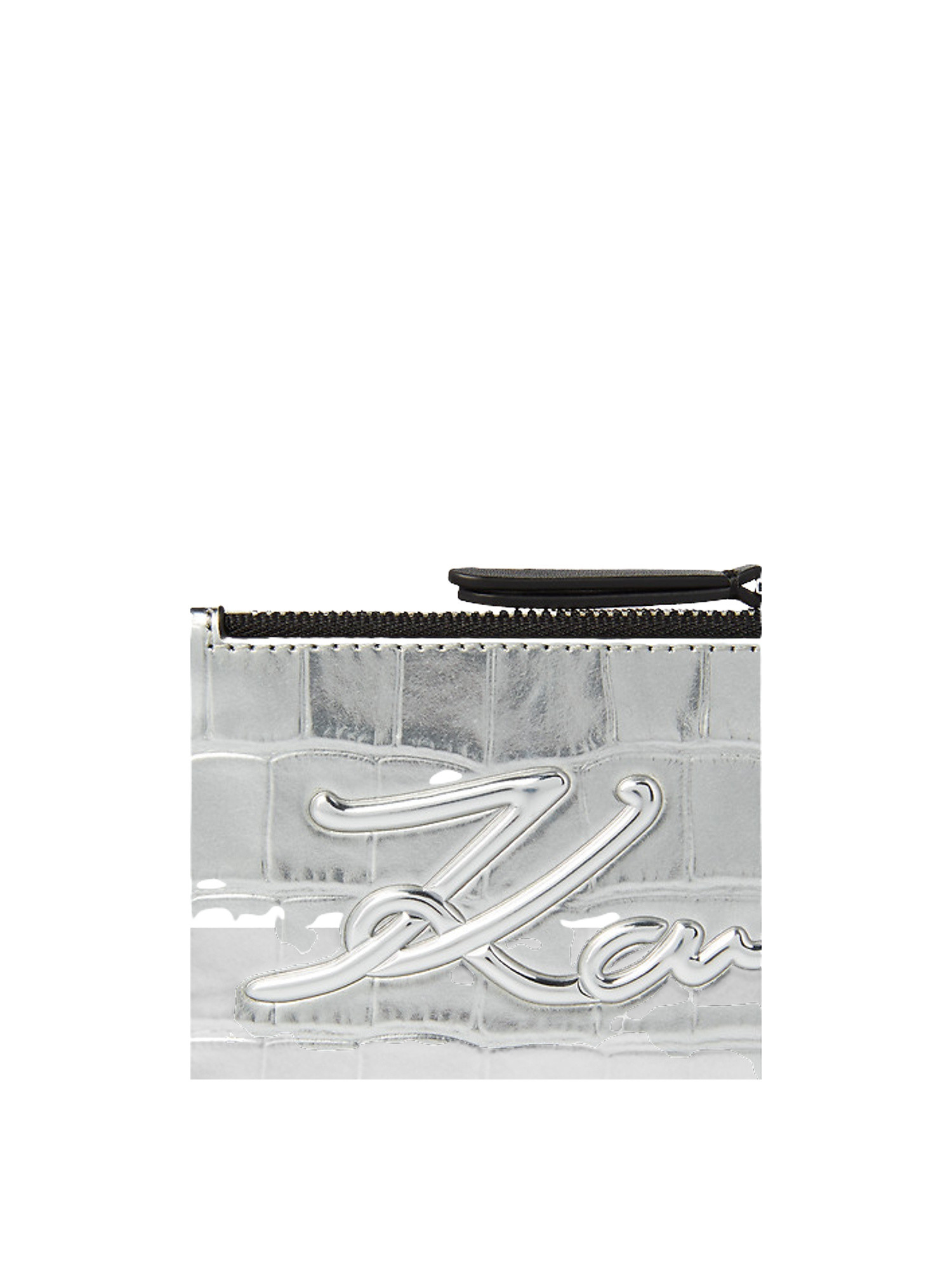 Karl Lagerfeld - K/signature porta carte di credito goffrato effetto coccodrillo con chiusura superiore a zip, Silver Grey, large image number 2